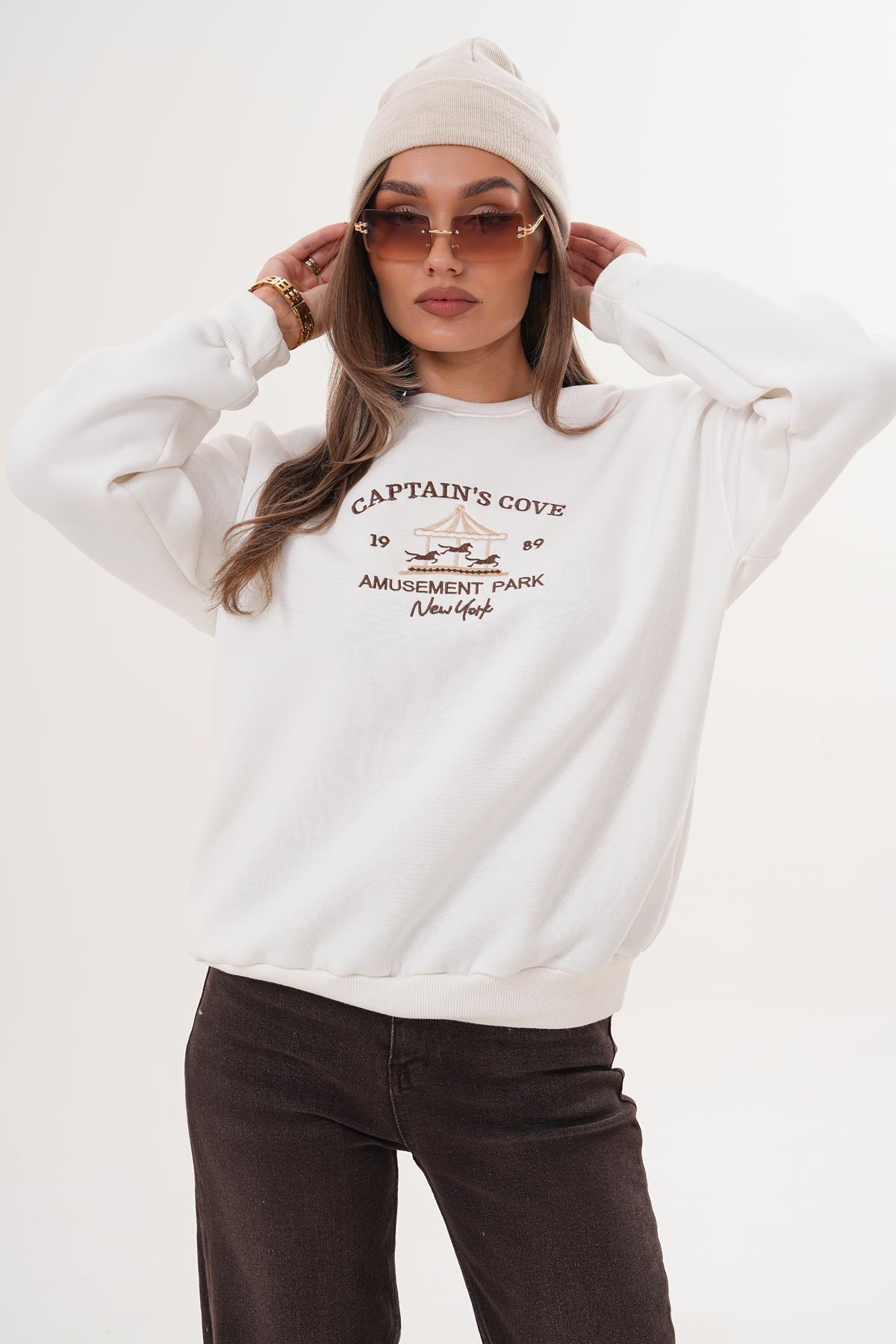 Kadın Önü Yazı Nakışlı Üç İplik Sweatshirt 255366 -
