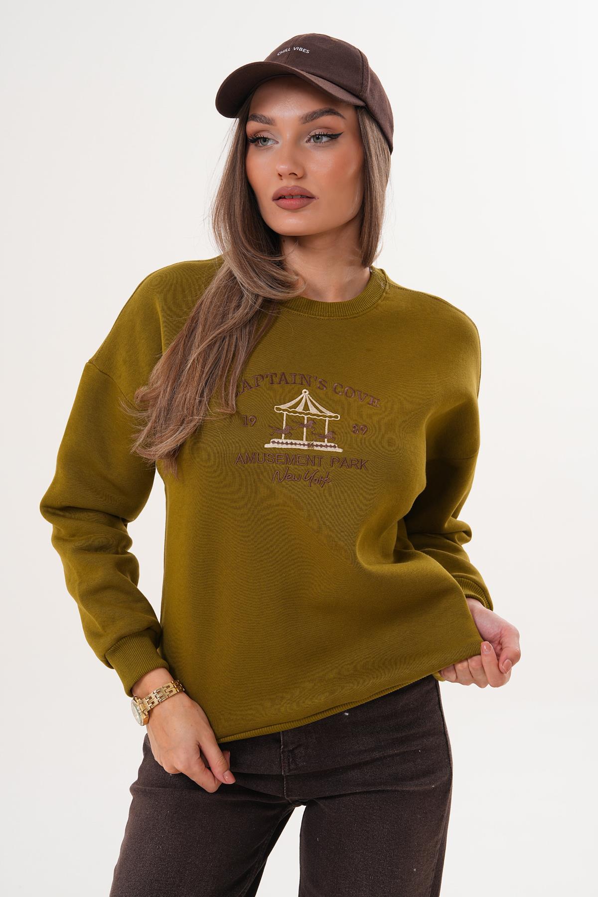 Kadın Önü Yazı Nakışlı Üç İplik Sweatshirt 255366 -
