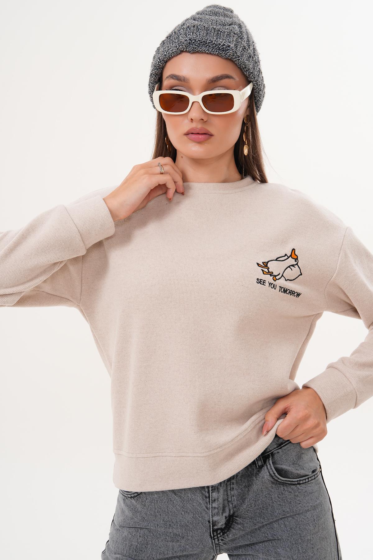 Kadın Ördek Nakışlı Selanik Örme Sweatshirt 255077 -