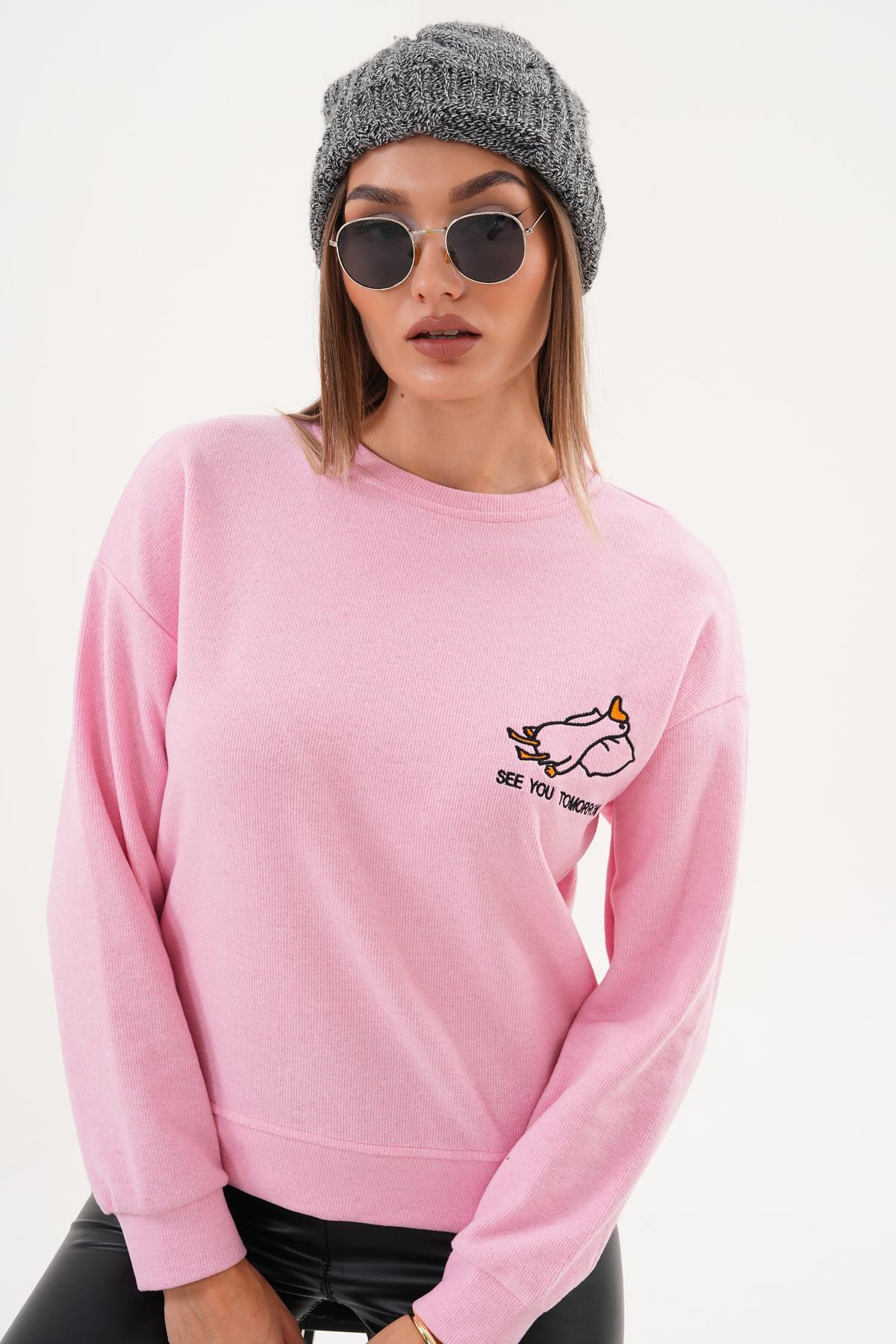 Kadın Ördek Nakışlı Selanik Örme Sweatshirt 255077 -