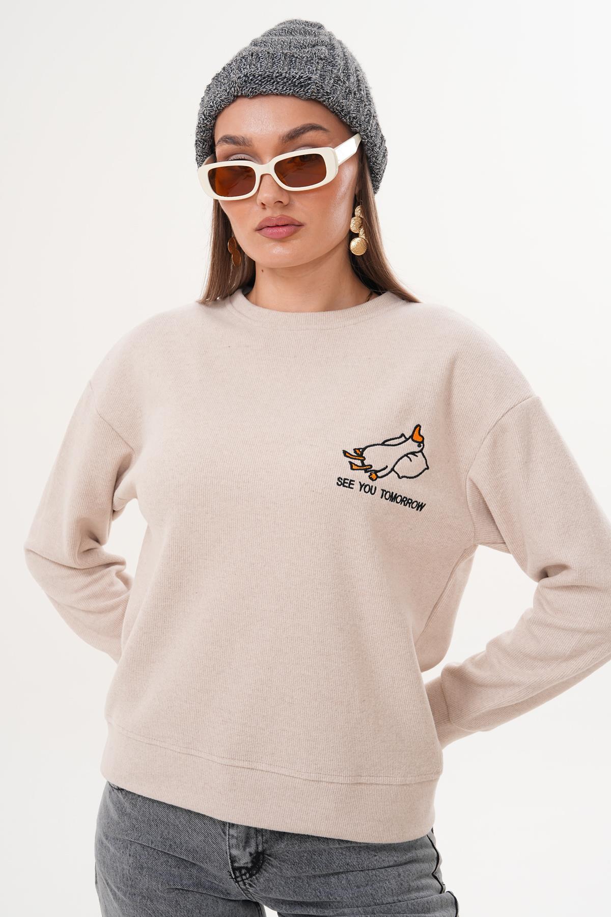Kadın Ördek Nakışlı Selanik Örme Sweatshirt 255077 -