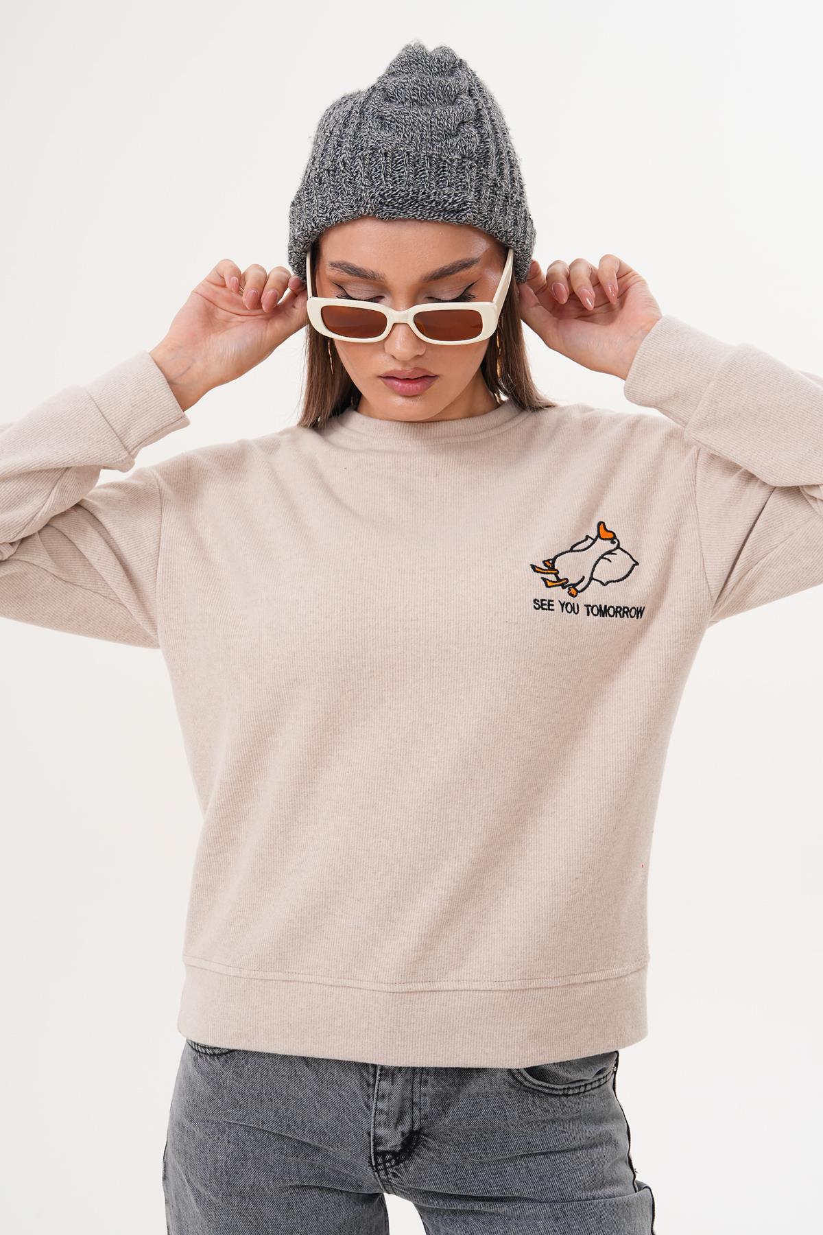 Kadın Ördek Nakışlı Selanik Örme Sweatshirt 255077 -