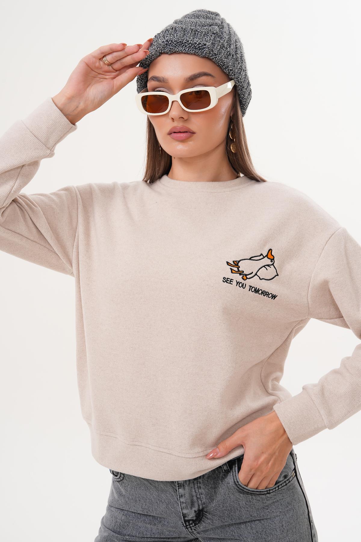 Kadın Ördek Nakışlı Selanik Örme Sweatshirt 255077 -