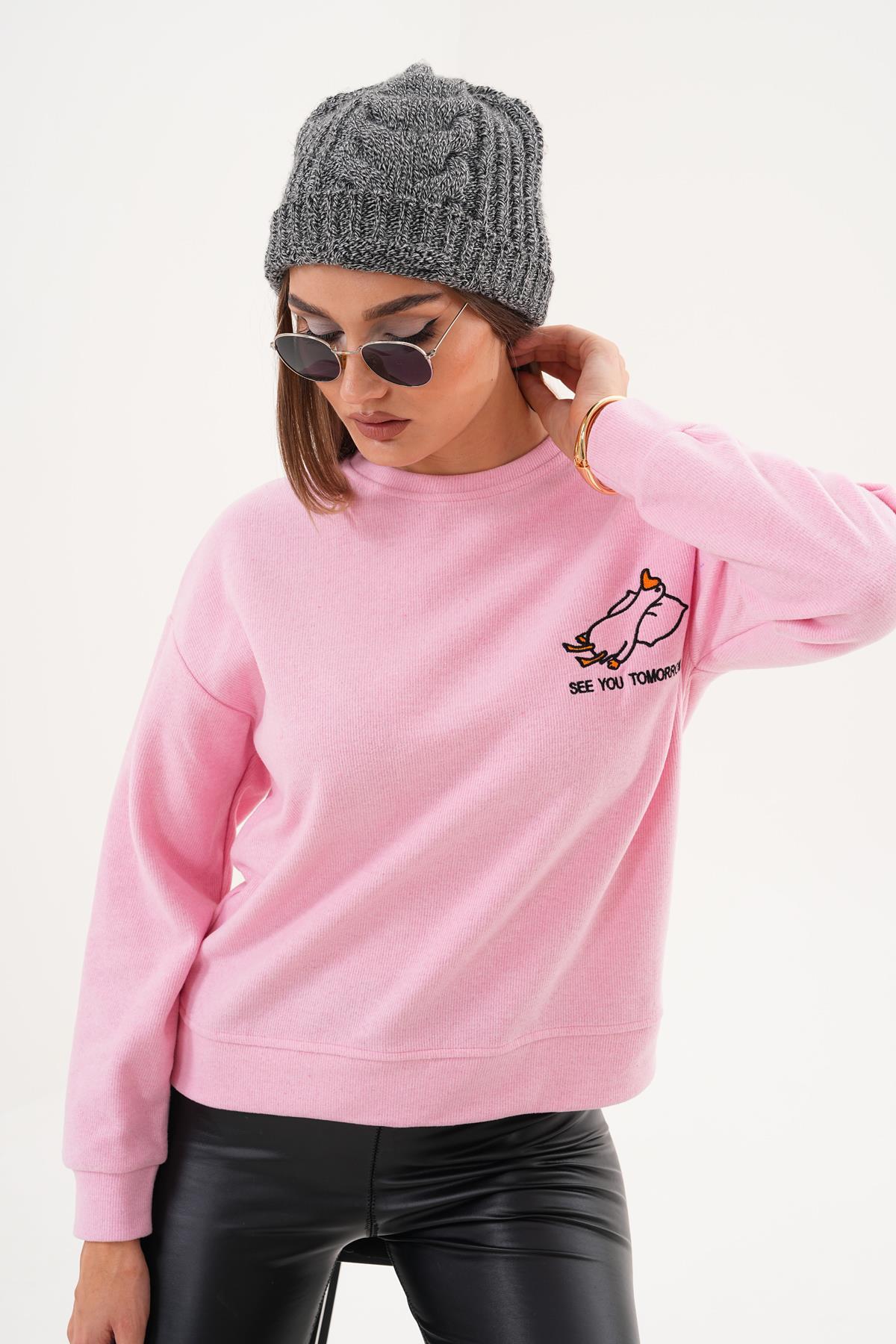 Kadın Ördek Nakışlı Selanik Örme Sweatshirt 255077 -