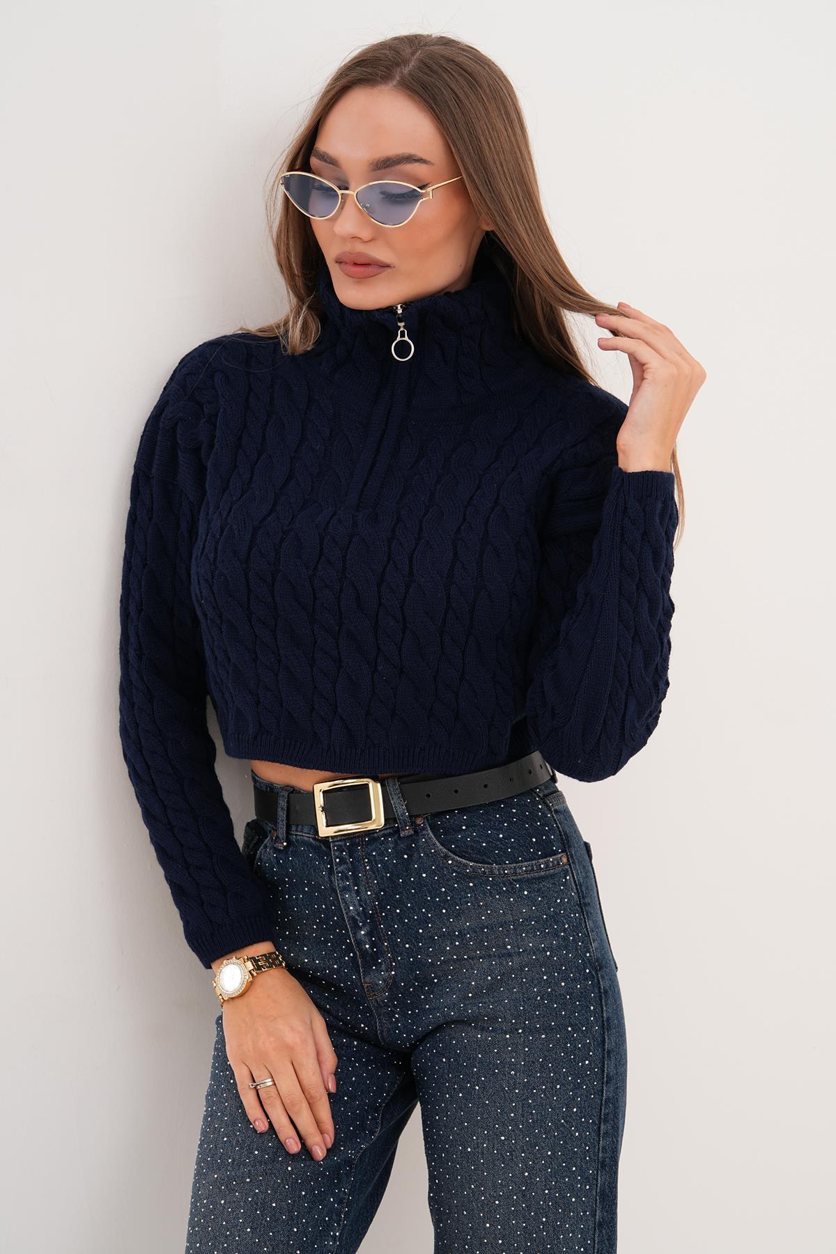 Kadın Örgü Desen Fermuar Detaylı Triko Örme Kazak 255160 -