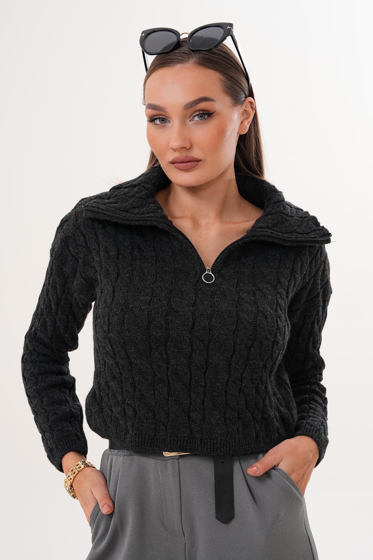 Kadın Örgü Desen Fermuar Detaylı Triko Örme Kazak 255160 -