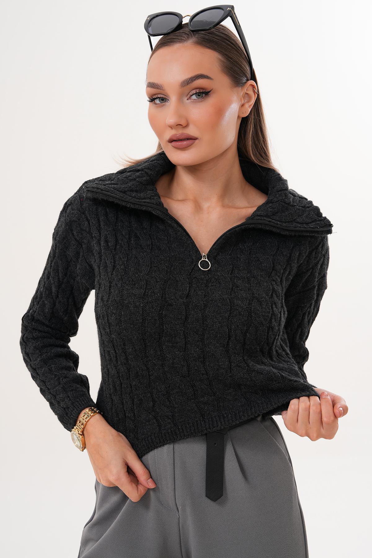 Kadın Örgü Desen Fermuar Detaylı Triko Örme Kazak 255160 -