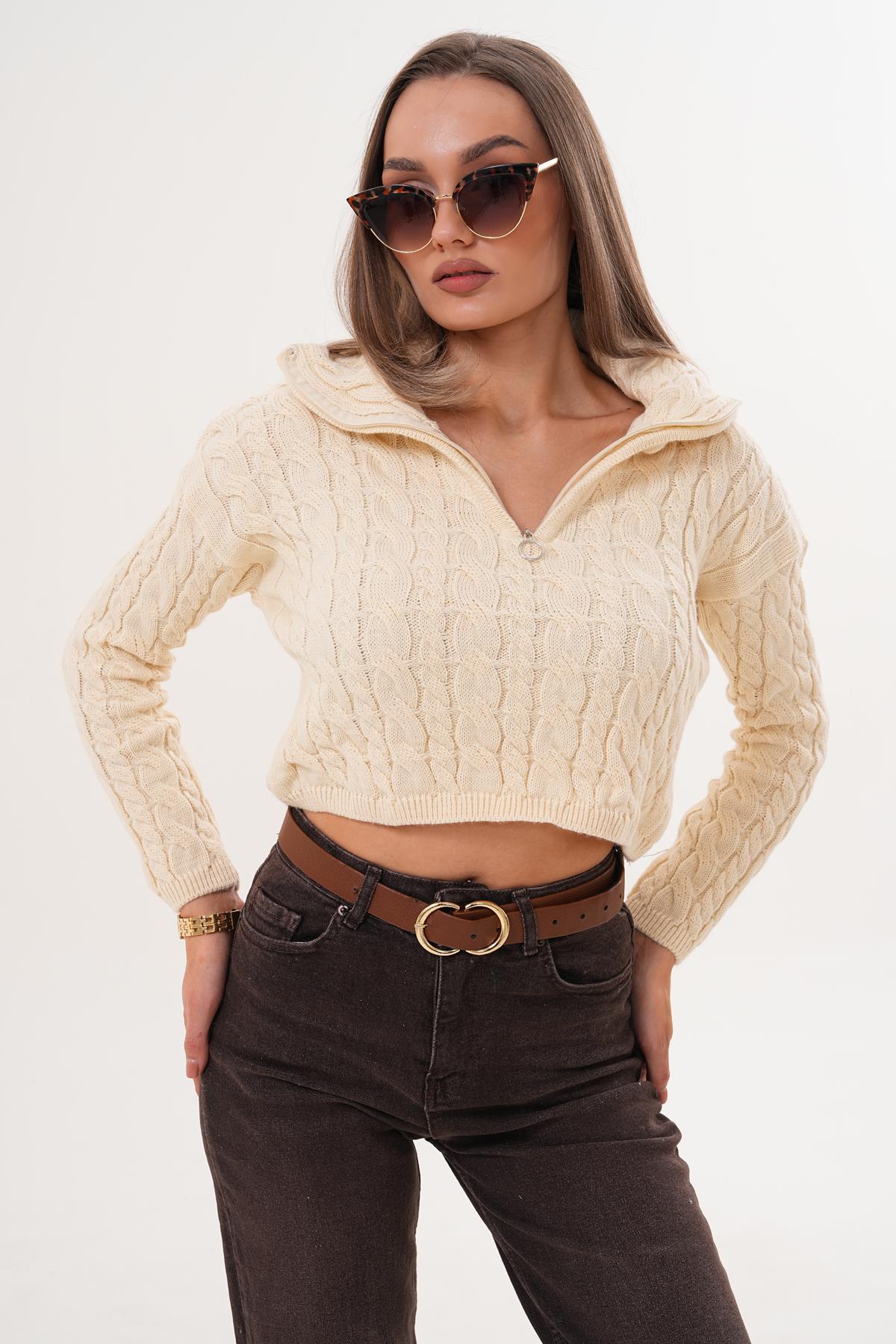 Kadın Örgü Desen Fermuar Detaylı Triko Örme Kazak 255160 -