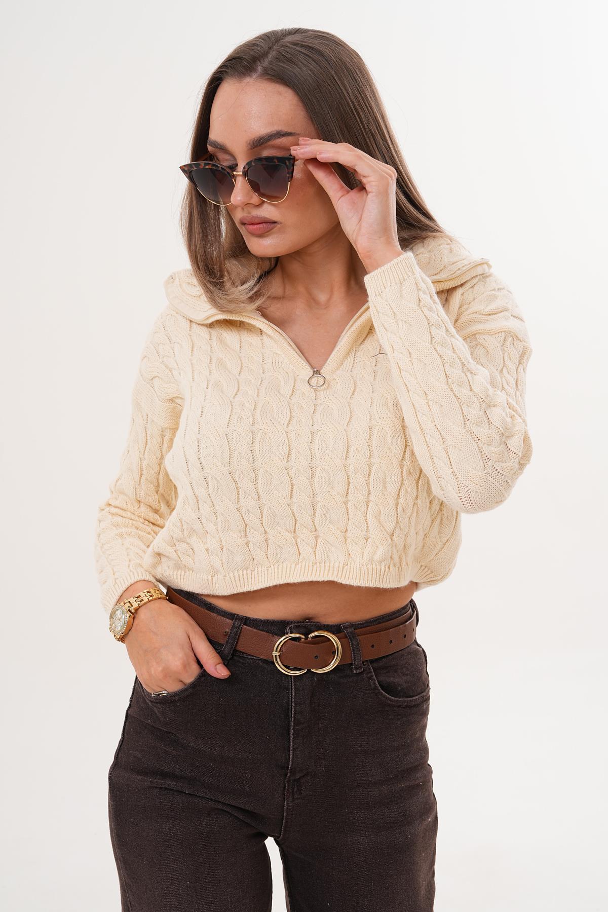 Kadın Örgü Desen Fermuar Detaylı Triko Örme Kazak 255160 -