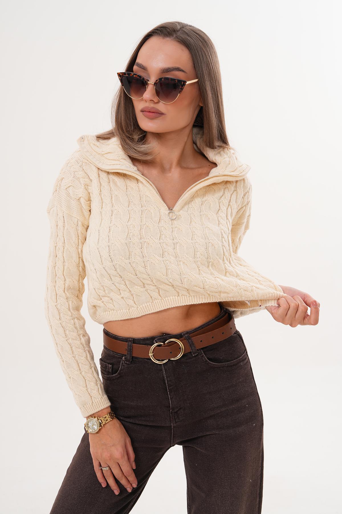 Kadın Örgü Desen Fermuar Detaylı Triko Örme Kazak 255160 -