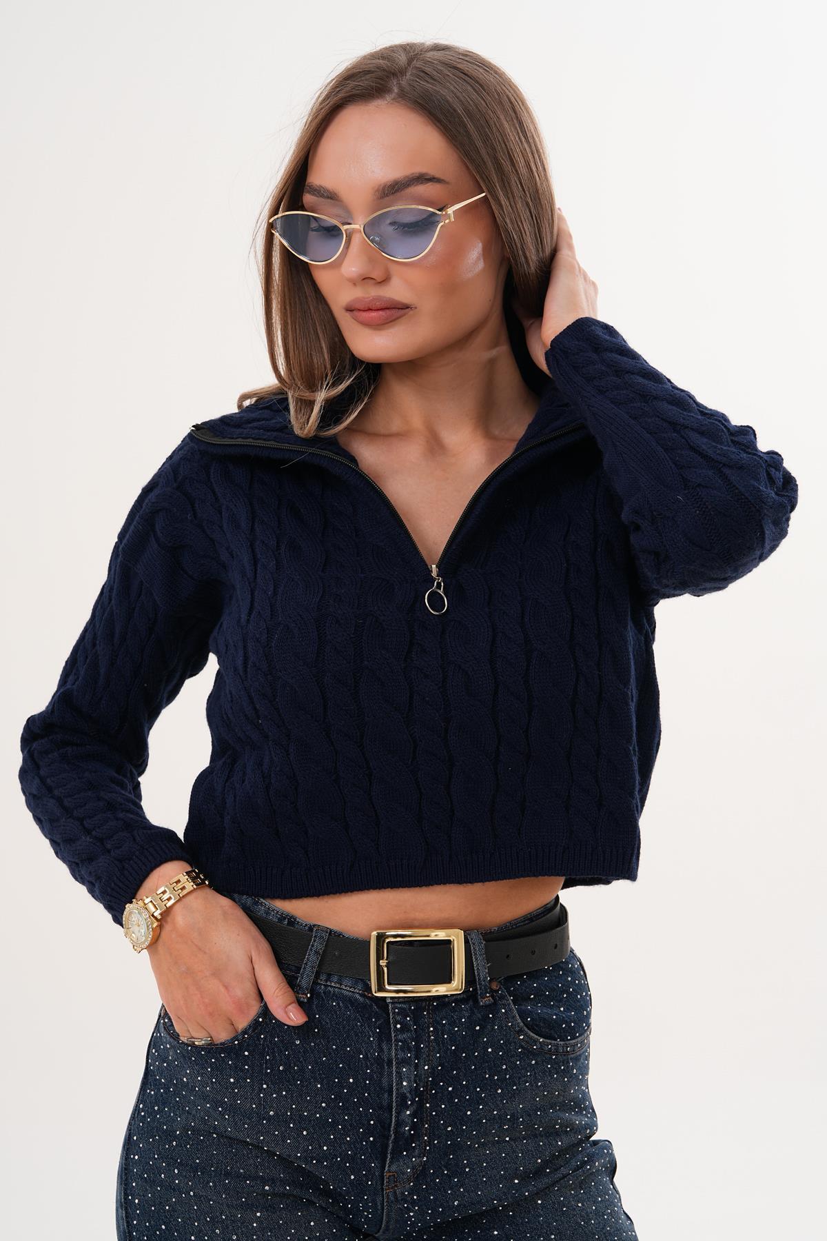 Kadın Örgü Desen Fermuar Detaylı Triko Örme Kazak 255160 -