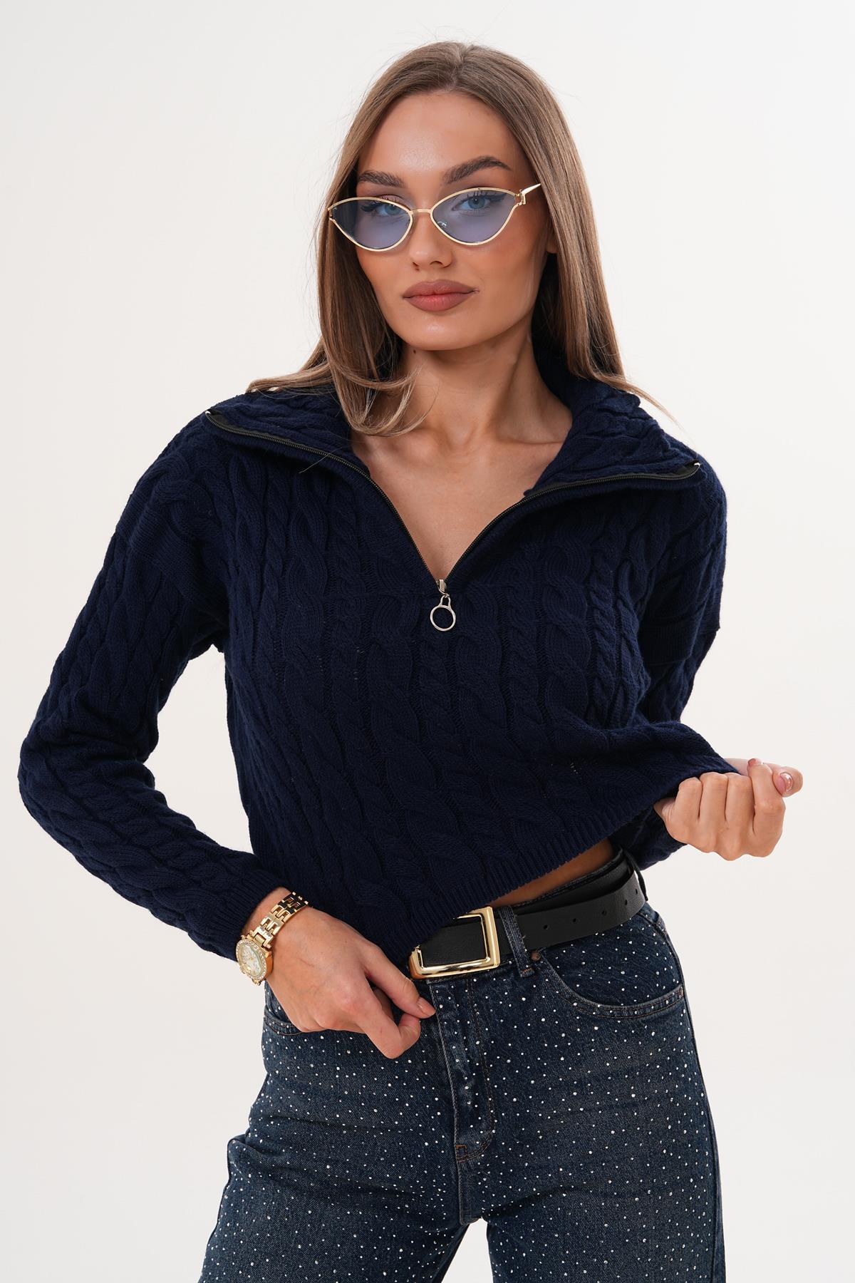 Kadın Örgü Desen Fermuar Detaylı Triko Örme Kazak 255160 -