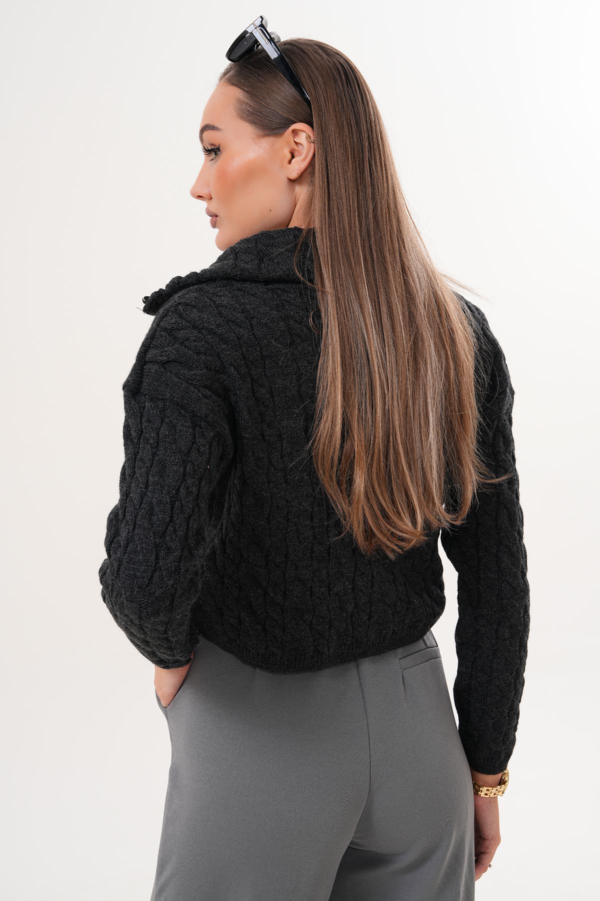 Kadın Örgü Desen Fermuar Detaylı Triko Örme Kazak 255160 -