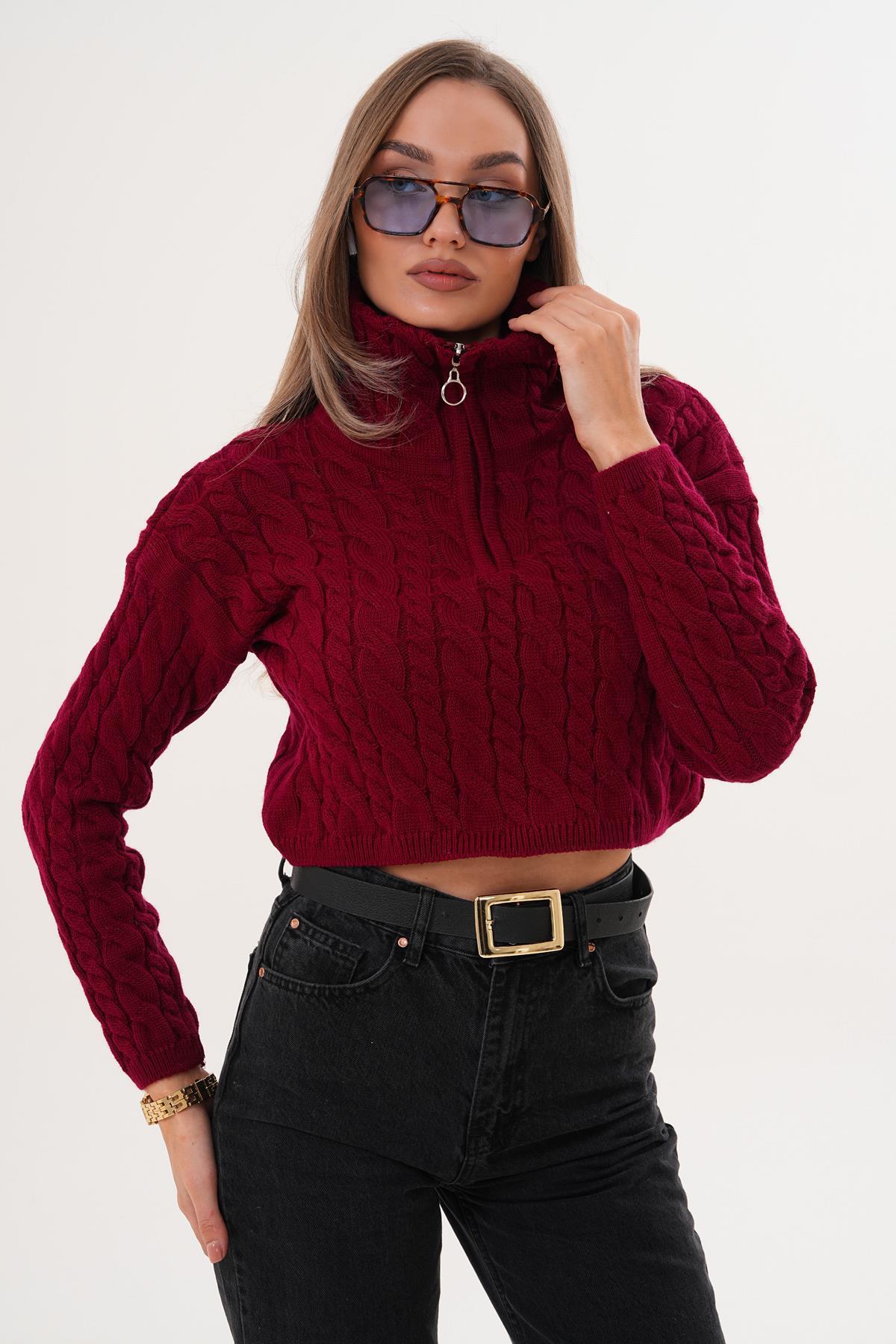 Kadın Örgü Desen Fermuar Detaylı Triko Örme Kazak 255160 -