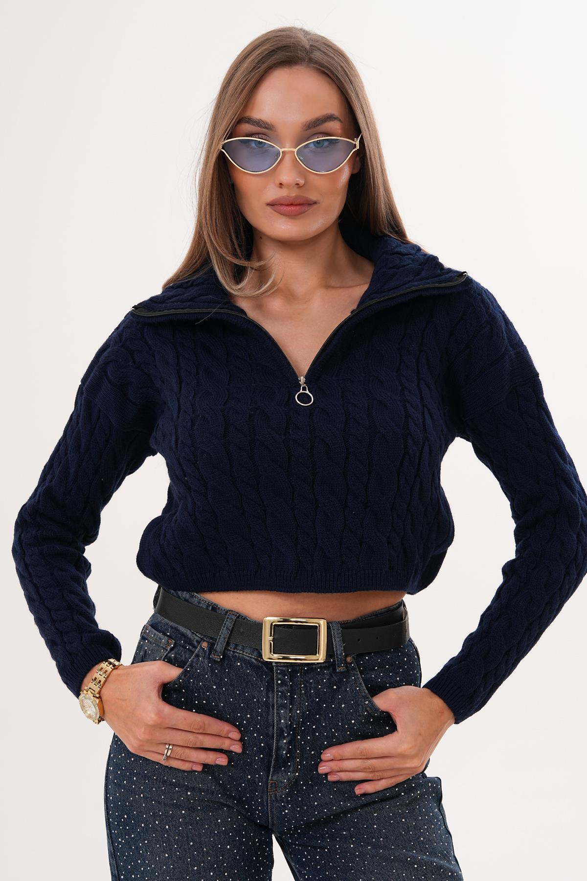 Kadın Örgü Desen Fermuar Detaylı Triko Örme Kazak 255160 -