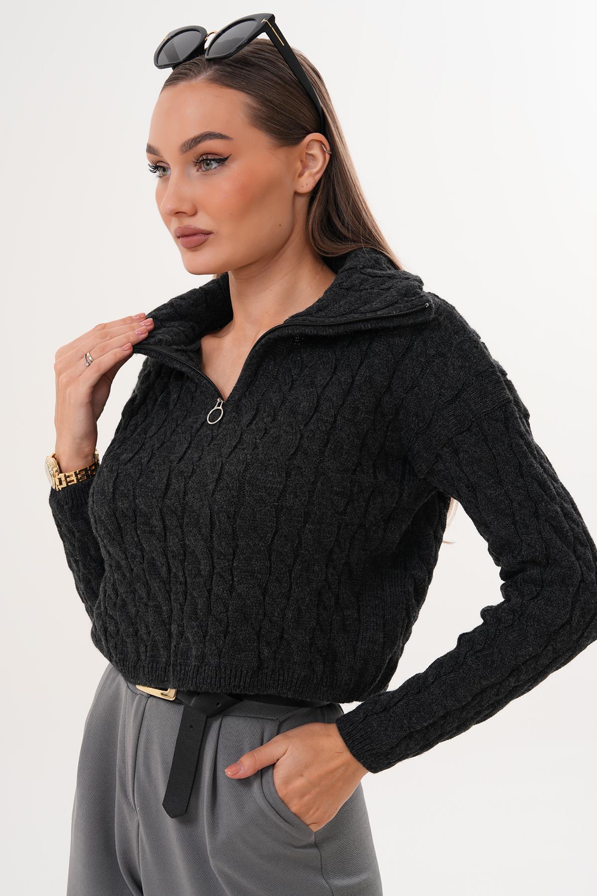 Kadın Örgü Desen Fermuar Detaylı Triko Örme Kazak 255160 -