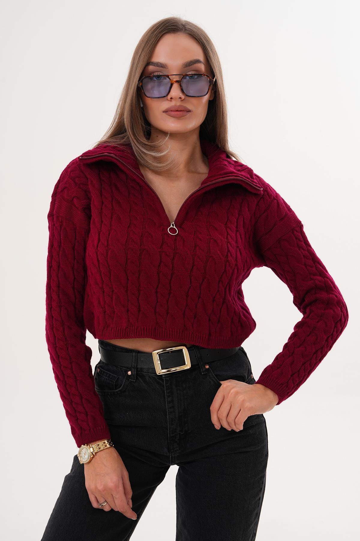 Kadın Örgü Desen Fermuar Detaylı Triko Örme Kazak 255160 -