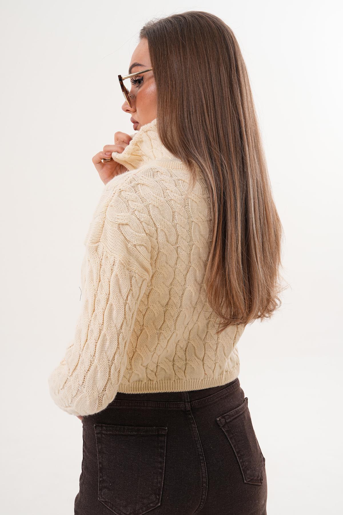 Kadın Örgü Desen Fermuar Detaylı Triko Örme Kazak 255160 -