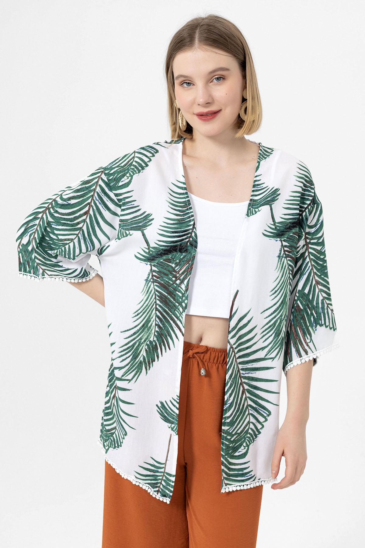 Kadın Palmiye Güpür Detaylı Viskon Kimono Ceket