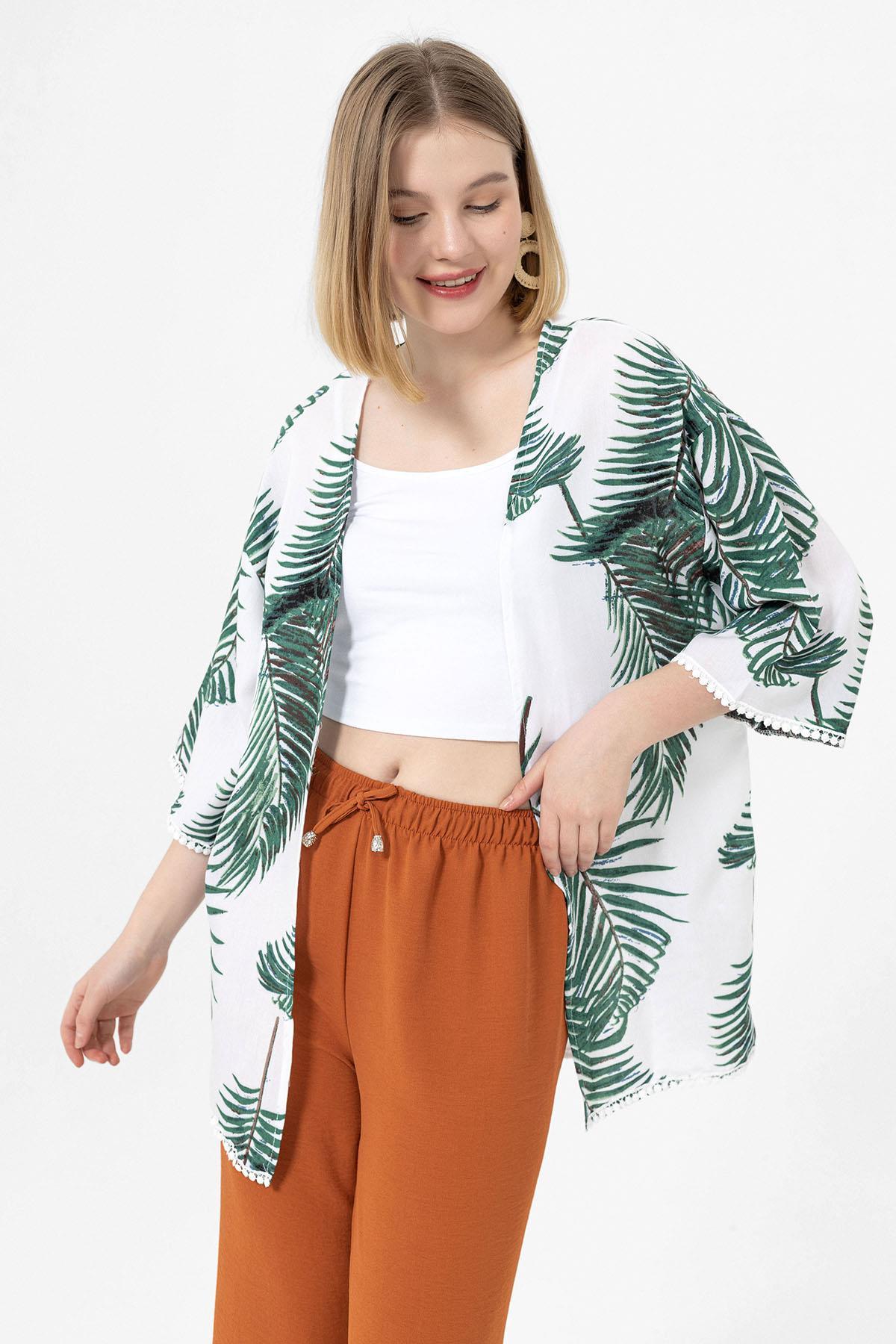 Kadın Palmiye Güpür Detaylı Viskon Kimono Ceket