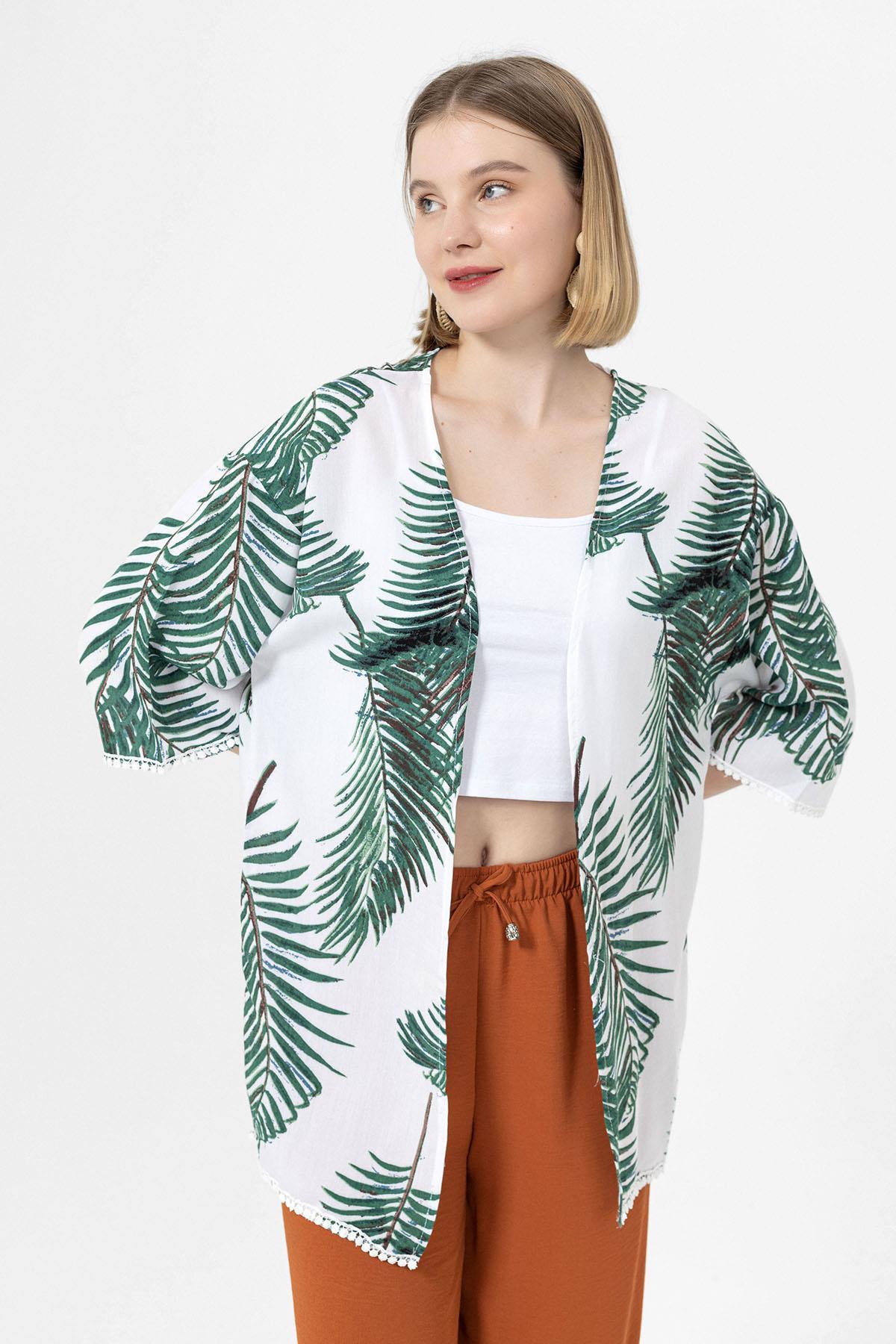 Kadın Palmiye Güpür Detaylı Viskon Kimono Ceket