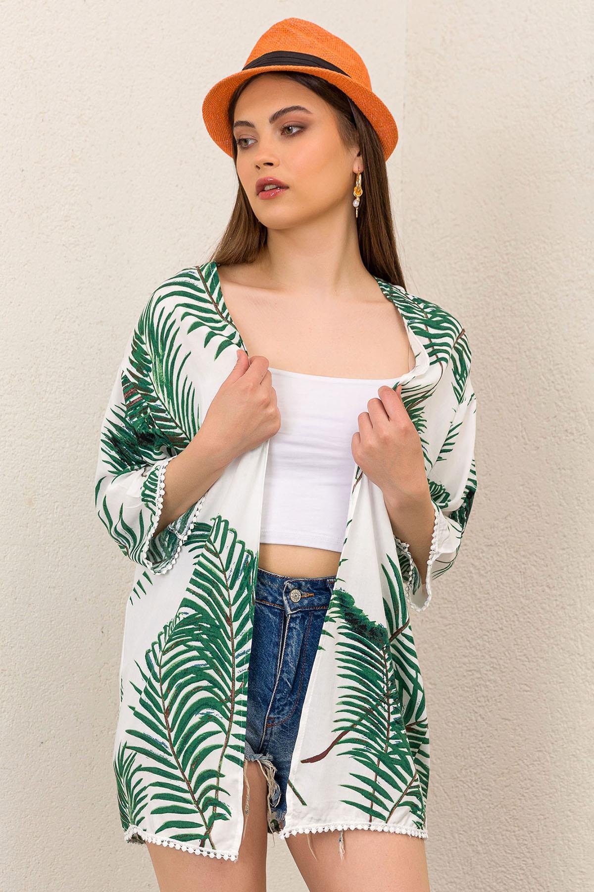 Kadın Palmiye Güpür Detaylı Viskon Kimono Ceket 230200 -