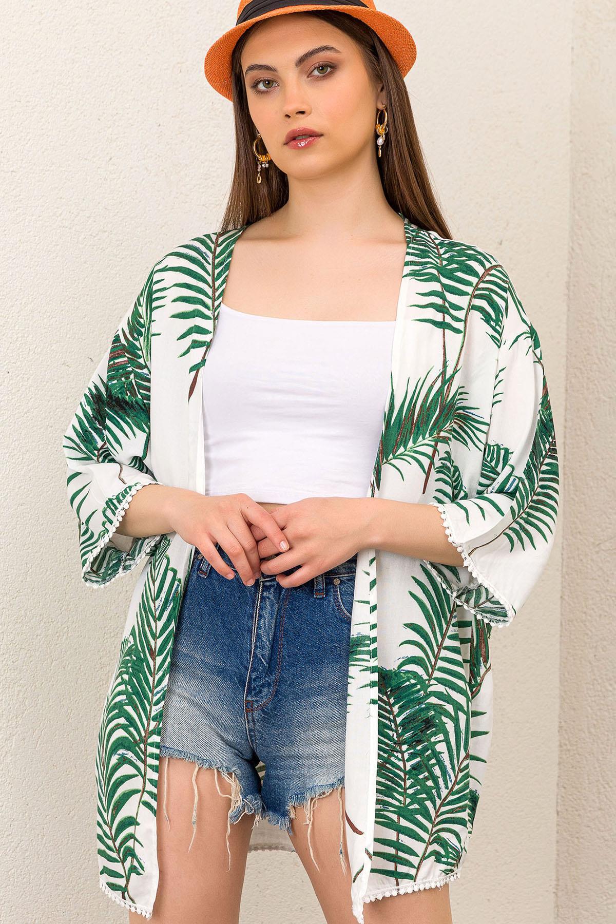 Kadın Palmiye Güpür Detaylı Viskon Kimono Ceket 230200 -