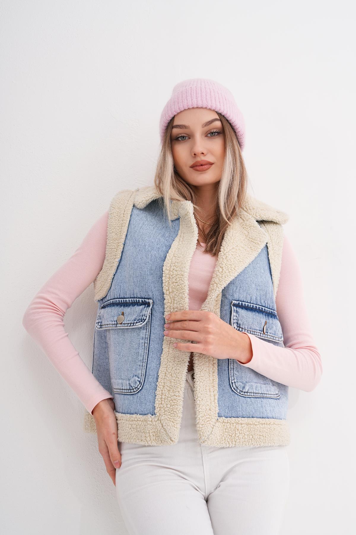 Kadın Peluş Detaylı Kot Yelek 245396 -