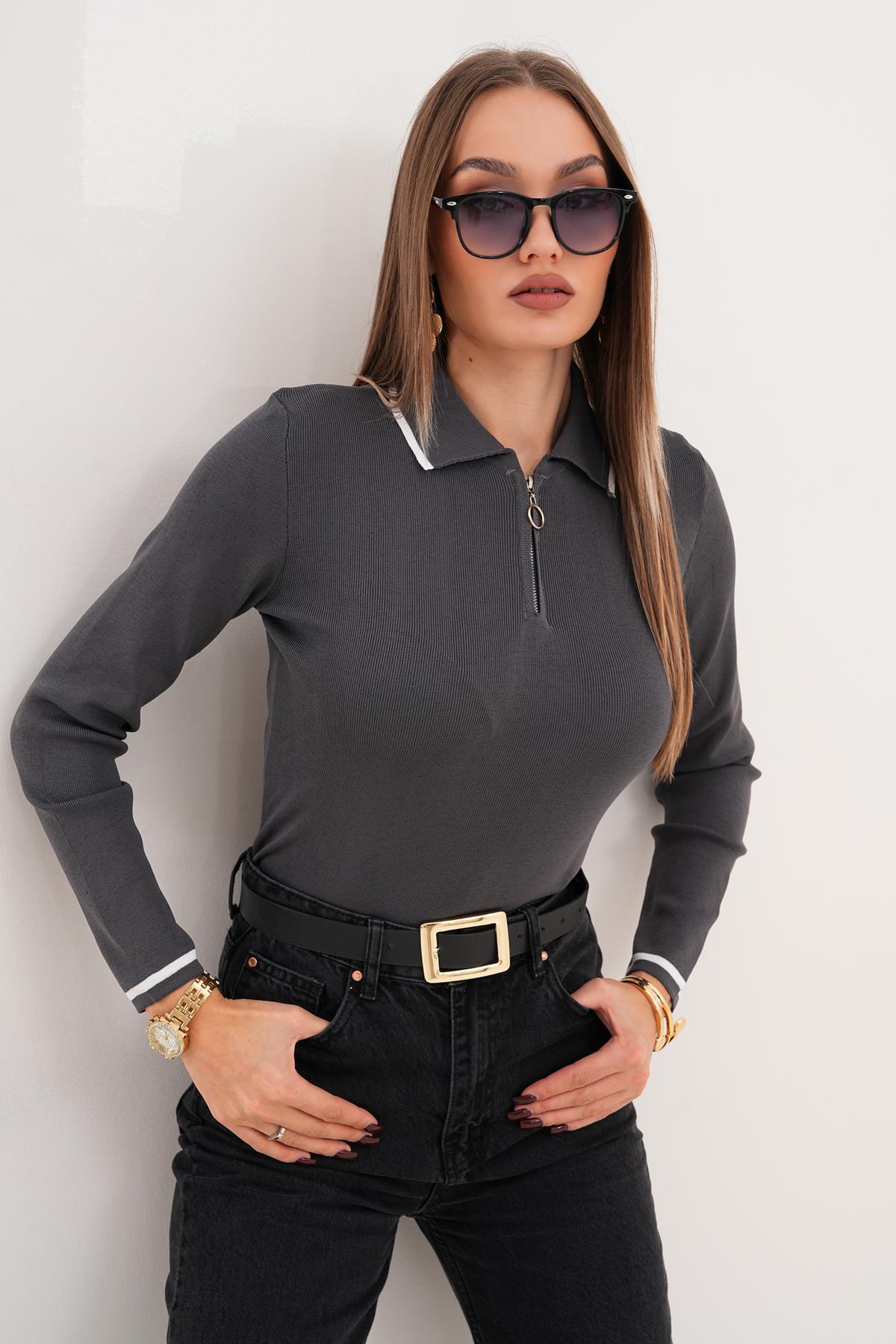 Kadın Polo Yaka Fermuar Detaylı Kazak 255096 -