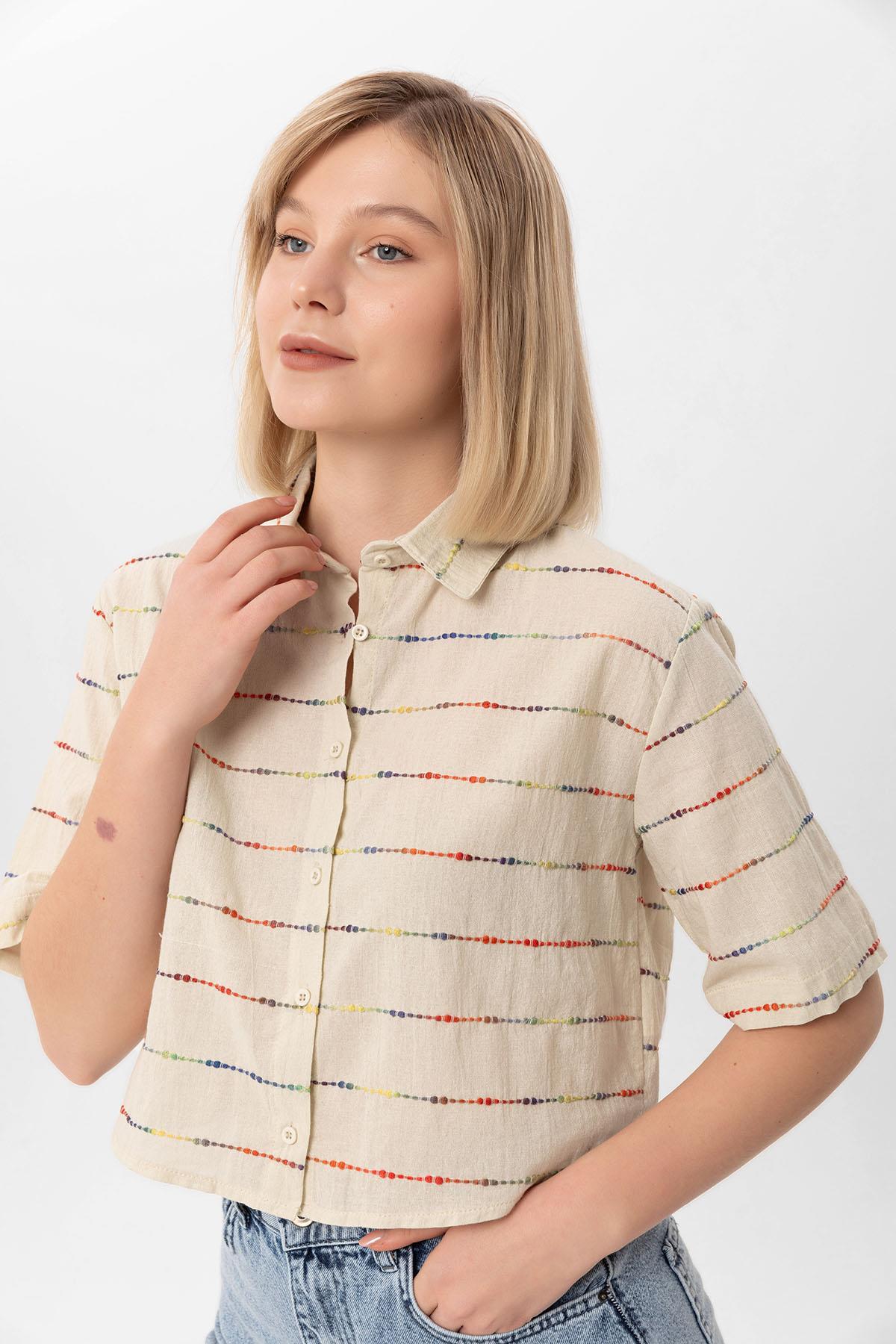 Kadın Renkli Salaş Keten Kısa Gömlek