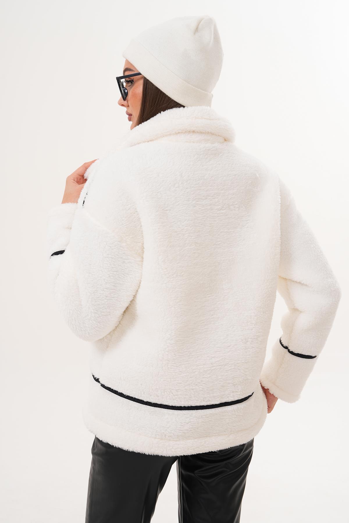 Kadın Şerit Detaylı Fermuar Kapamalı Peluş Ceket 255125 -