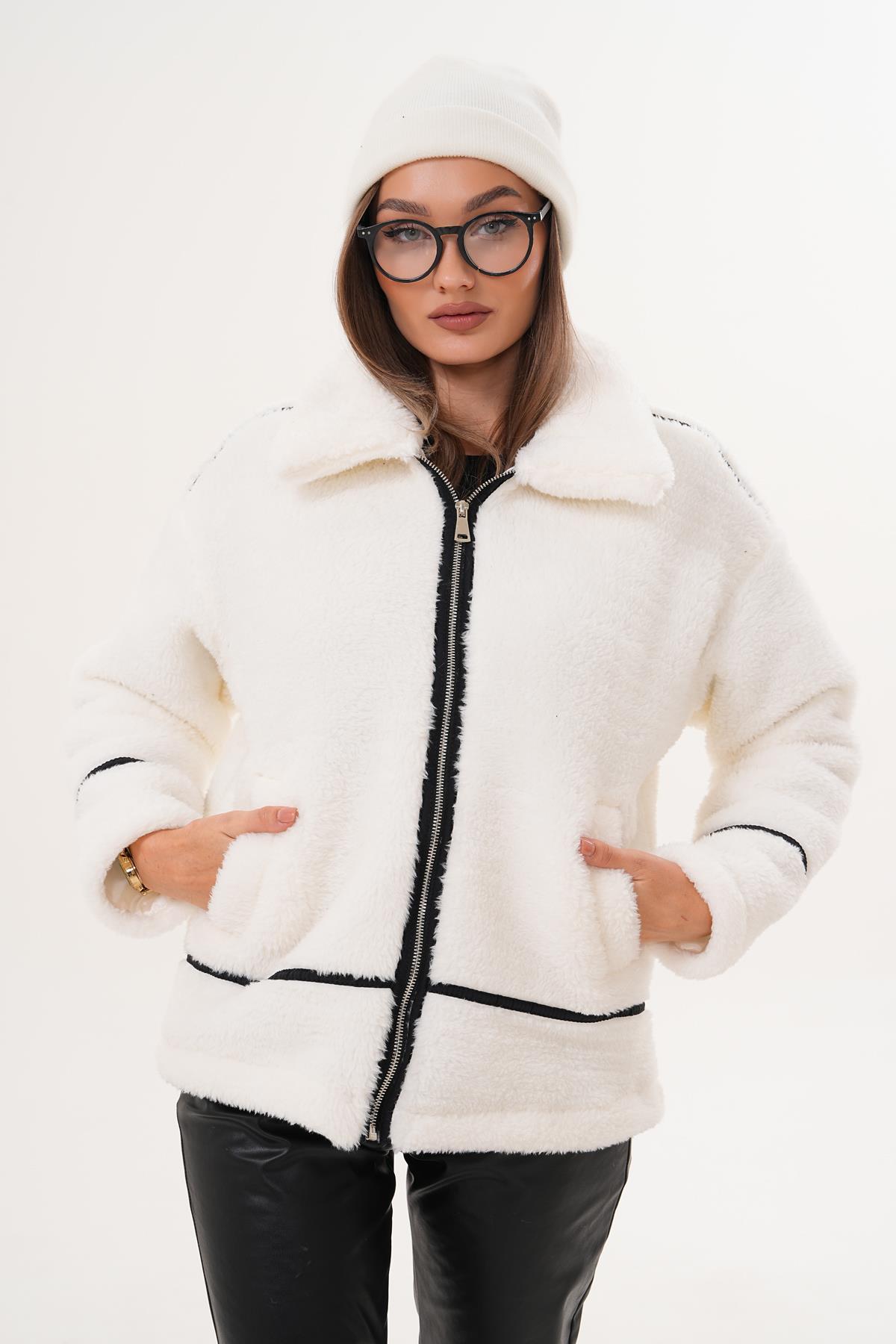 Kadın Şerit Detaylı Fermuar Kapamalı Peluş Ceket 255125 -