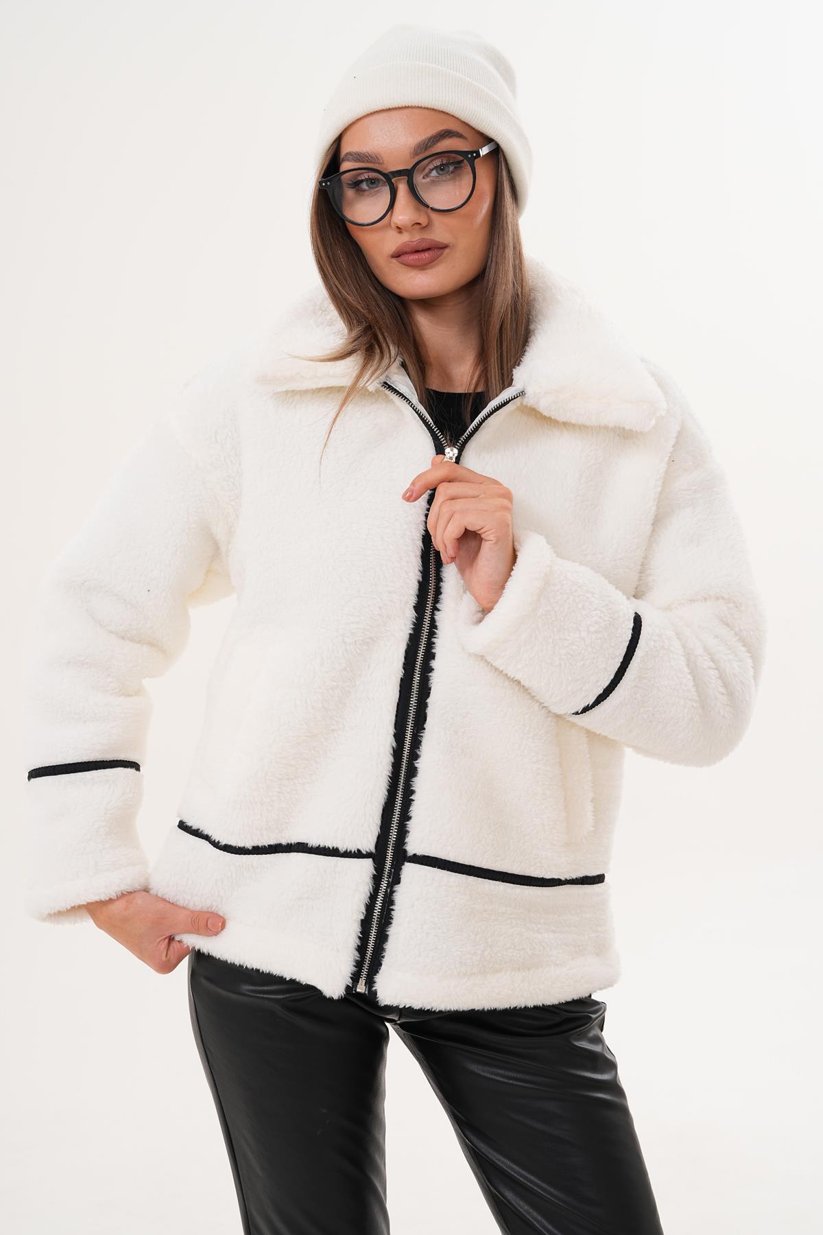 Kadın Şerit Detaylı Fermuar Kapamalı Peluş Ceket 255125 -