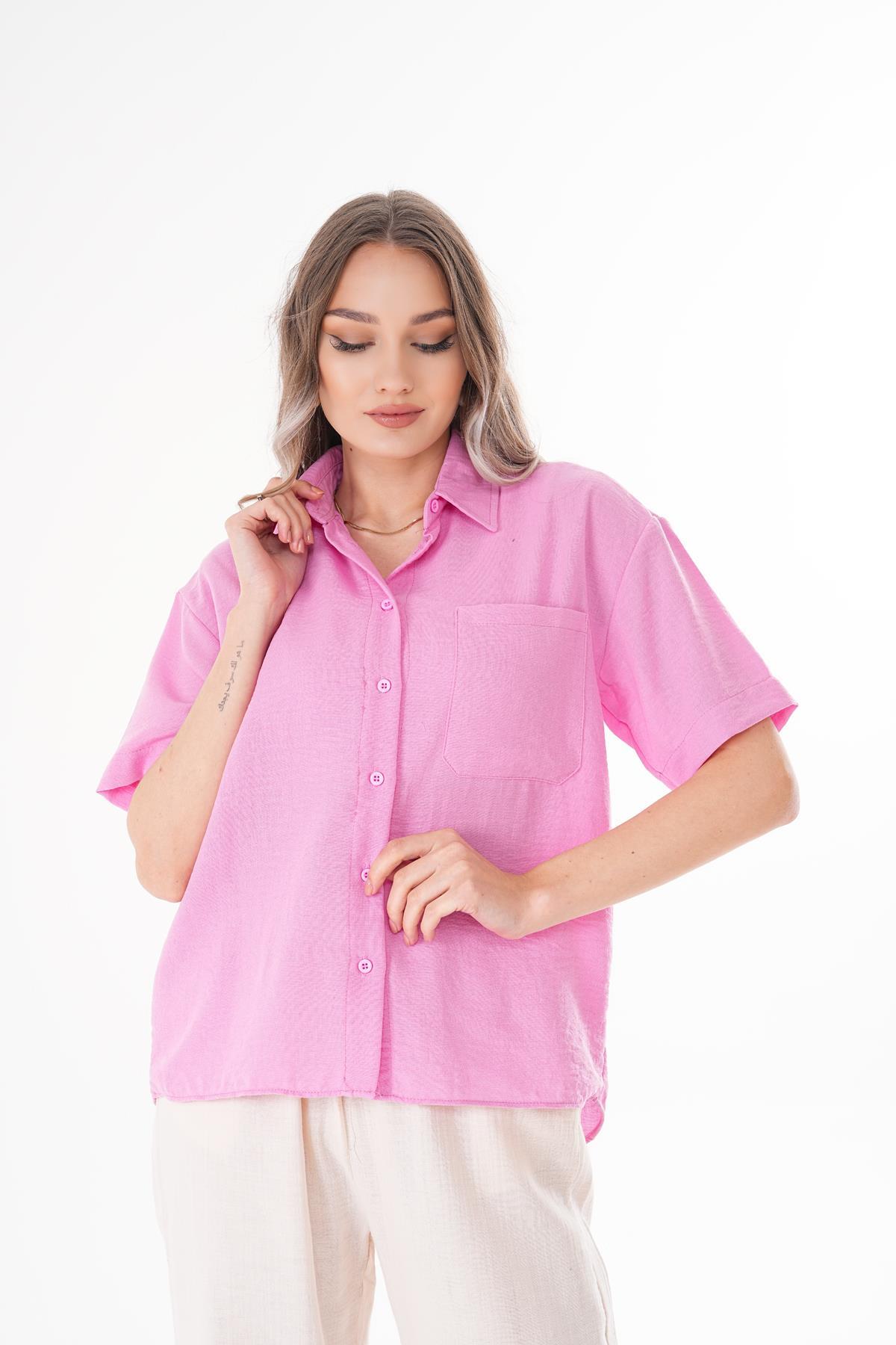 Kadın Tek Cepli Oversize Keten Gömlek 250136 -