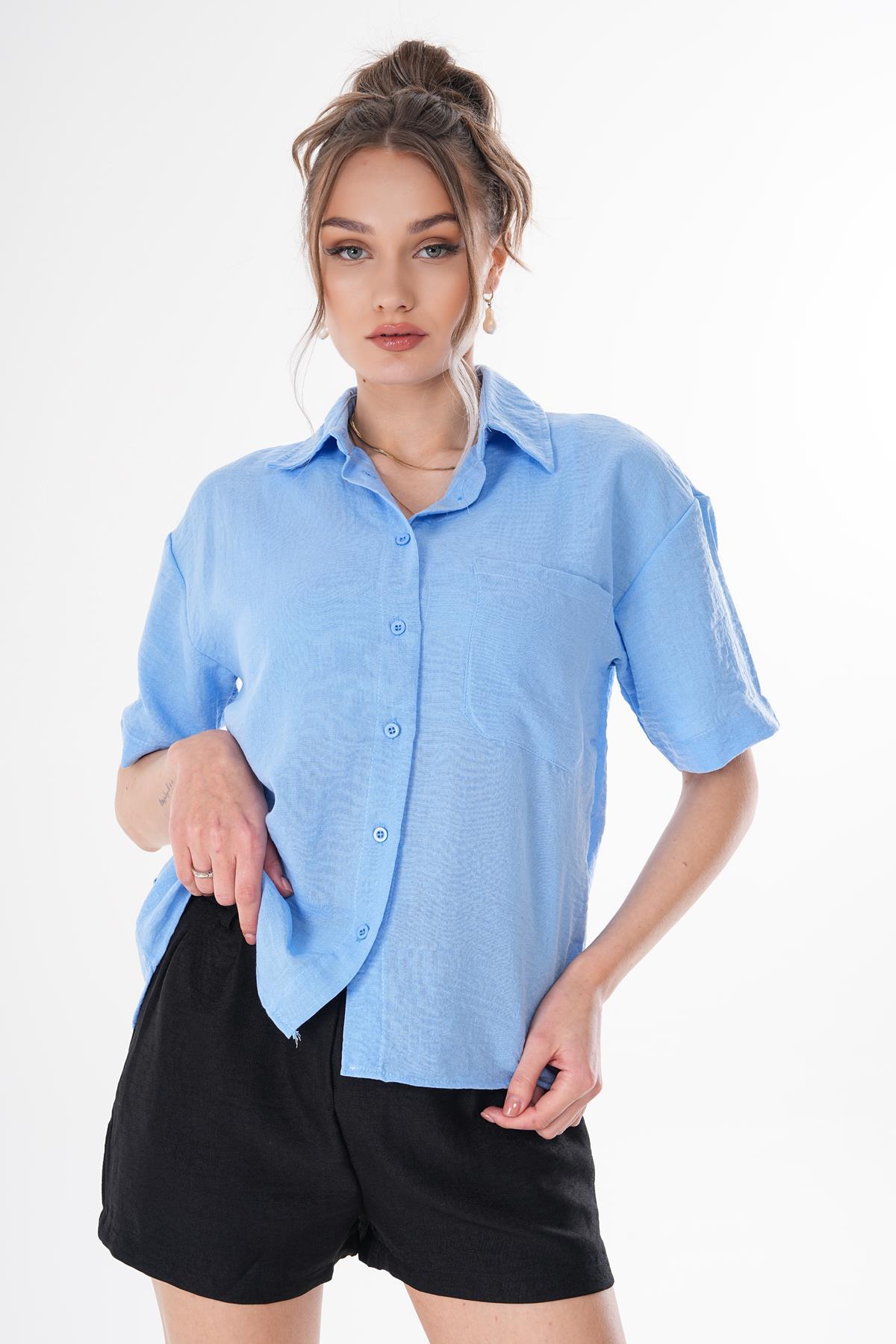 Kadın Tek Cepli Oversize Keten Gömlek 250136 -