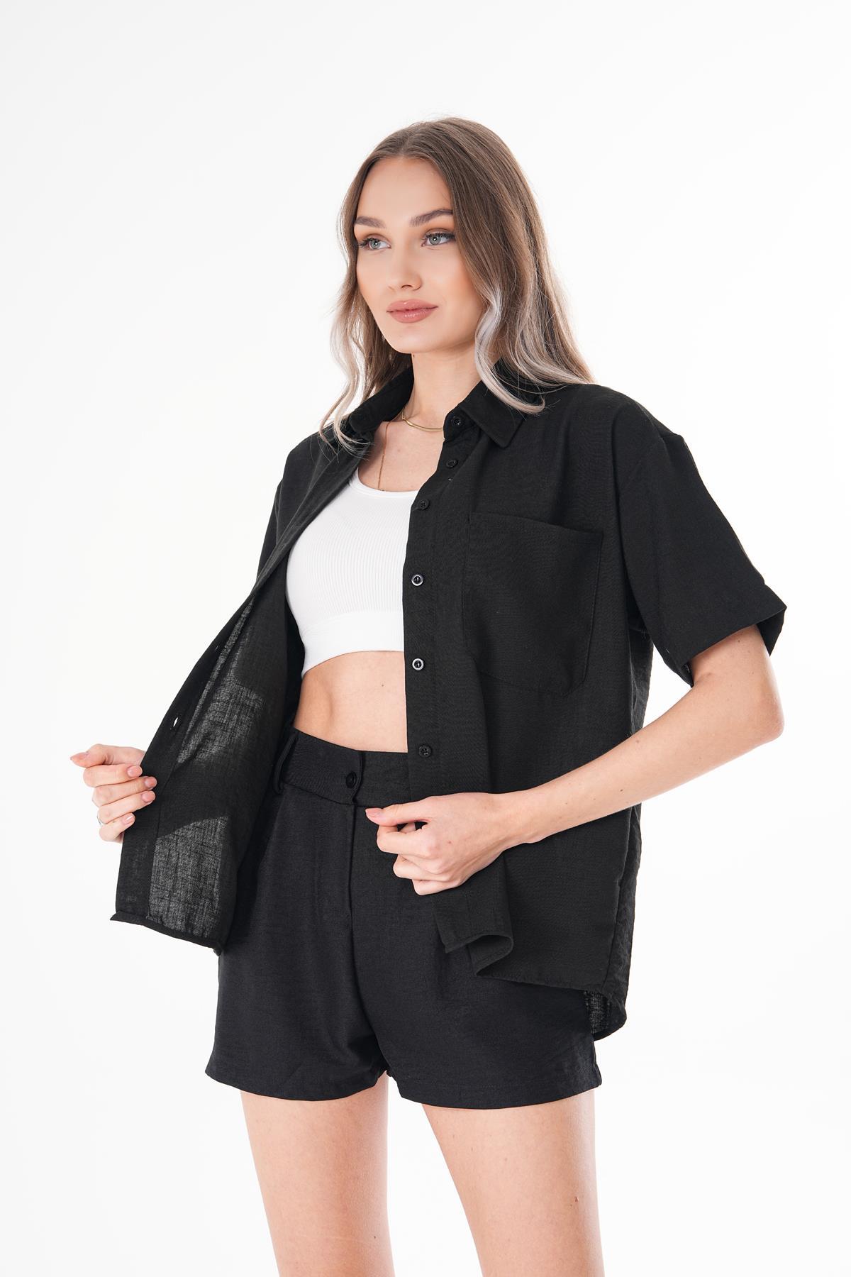 Kadın Tek Cepli Oversize Keten Gömlek 250136 -