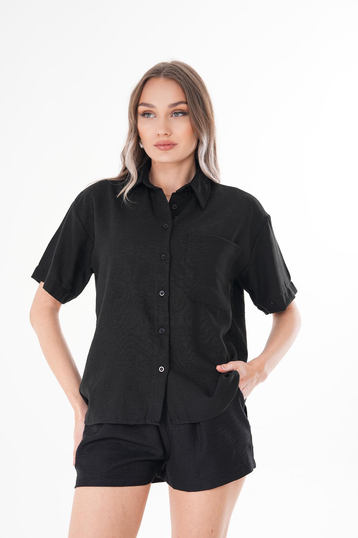 Kadın Tek Cepli Oversize Keten Gömlek 250136 -