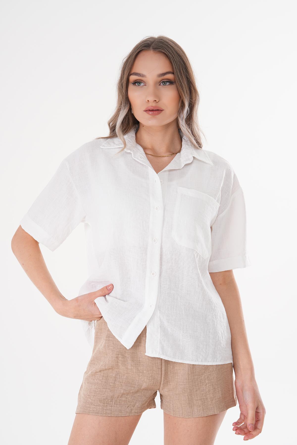 Kadın Tek Cepli Oversize Keten Gömlek 250136 -