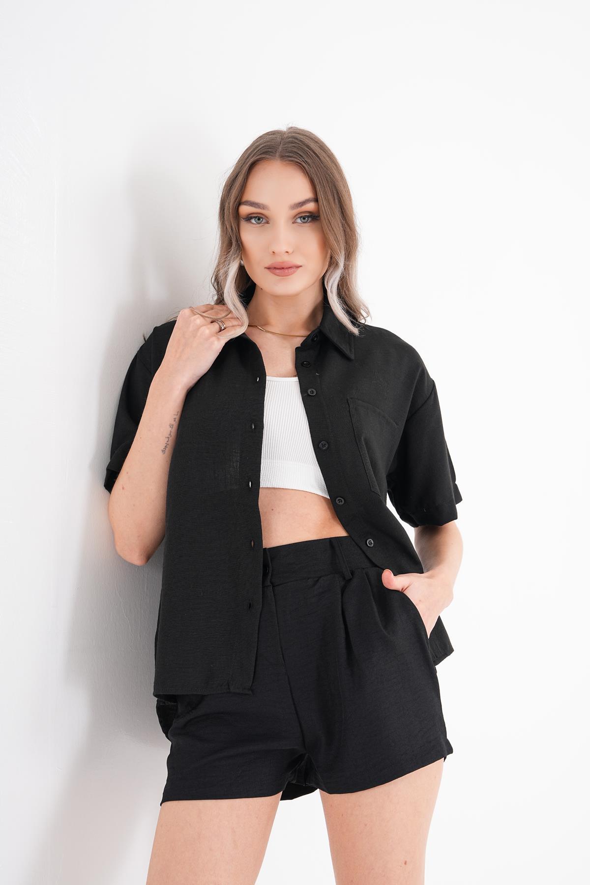 Kadın Tek Cepli Oversize Keten Gömlek 250136 -