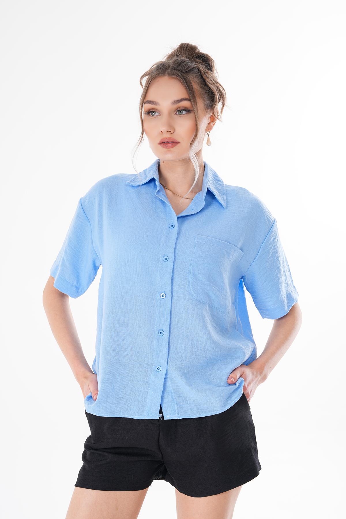 Kadın Tek Cepli Oversize Keten Gömlek 250136 -