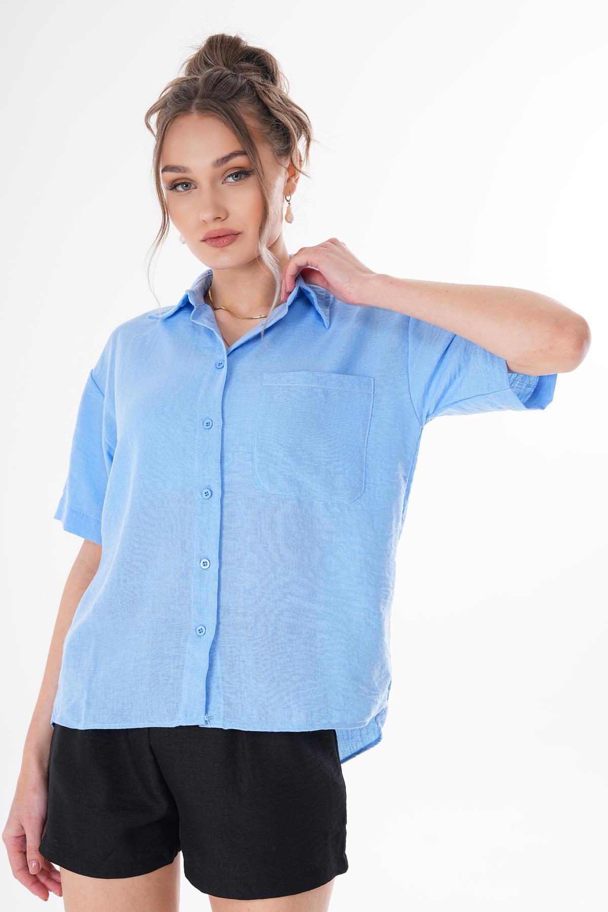 Kadın Tek Cepli Oversize Keten Gömlek 250136 -