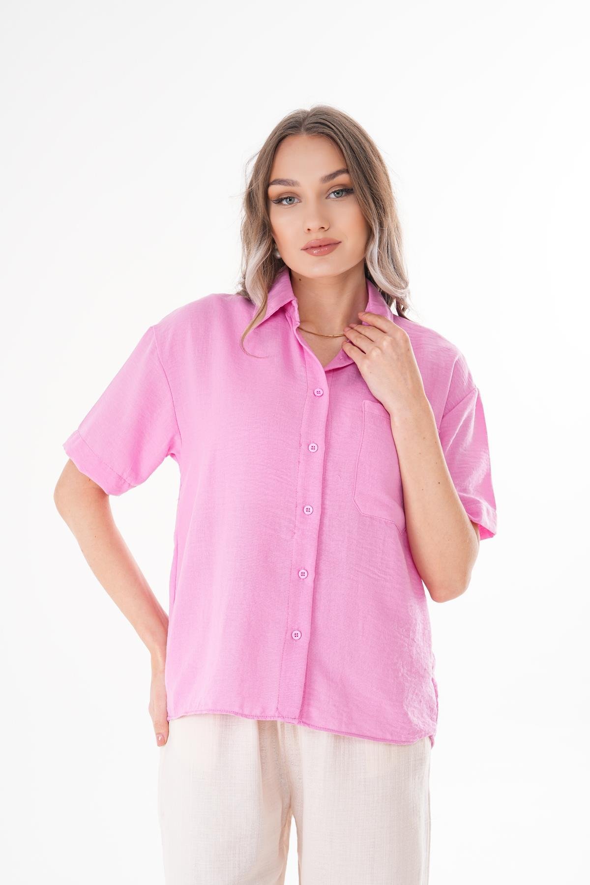 Kadın Tek Cepli Oversize Keten Gömlek 250136 -