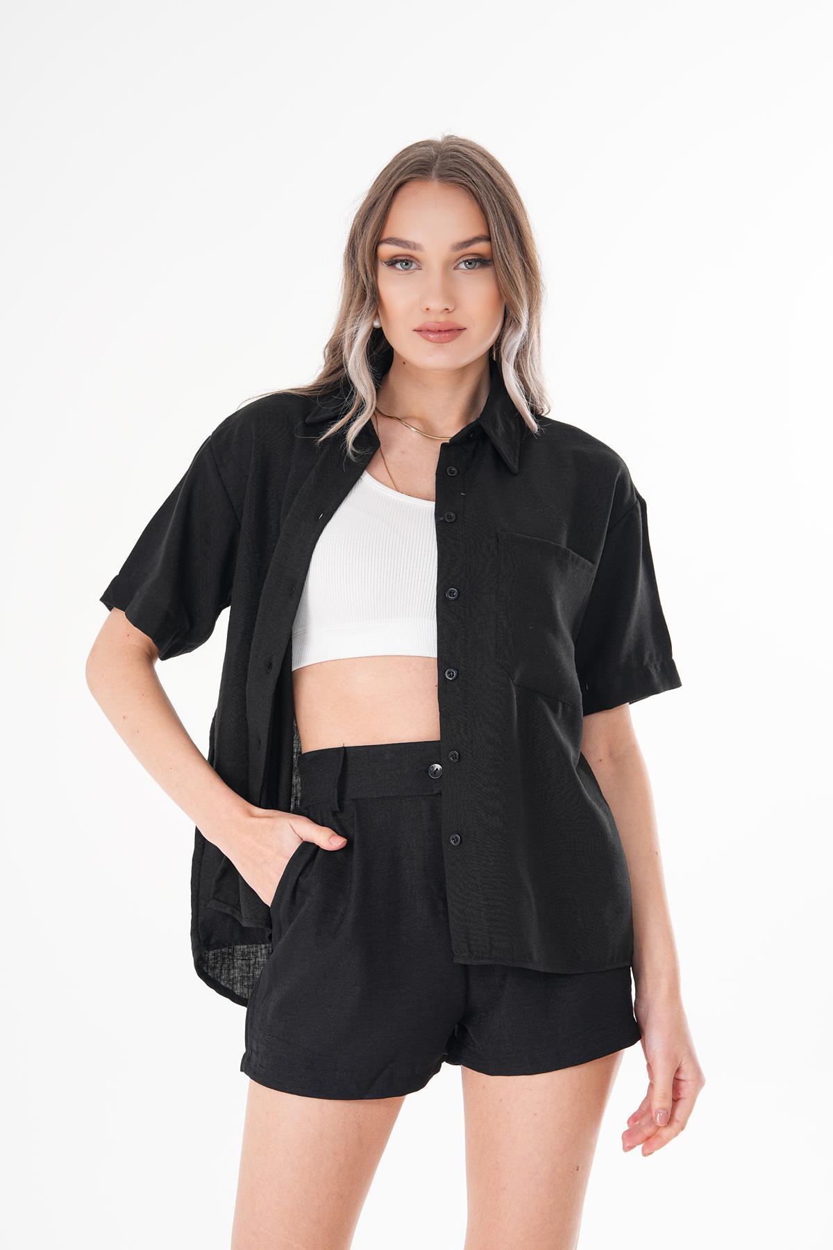 Kadın Tek Cepli Oversize Keten Gömlek 250136 -