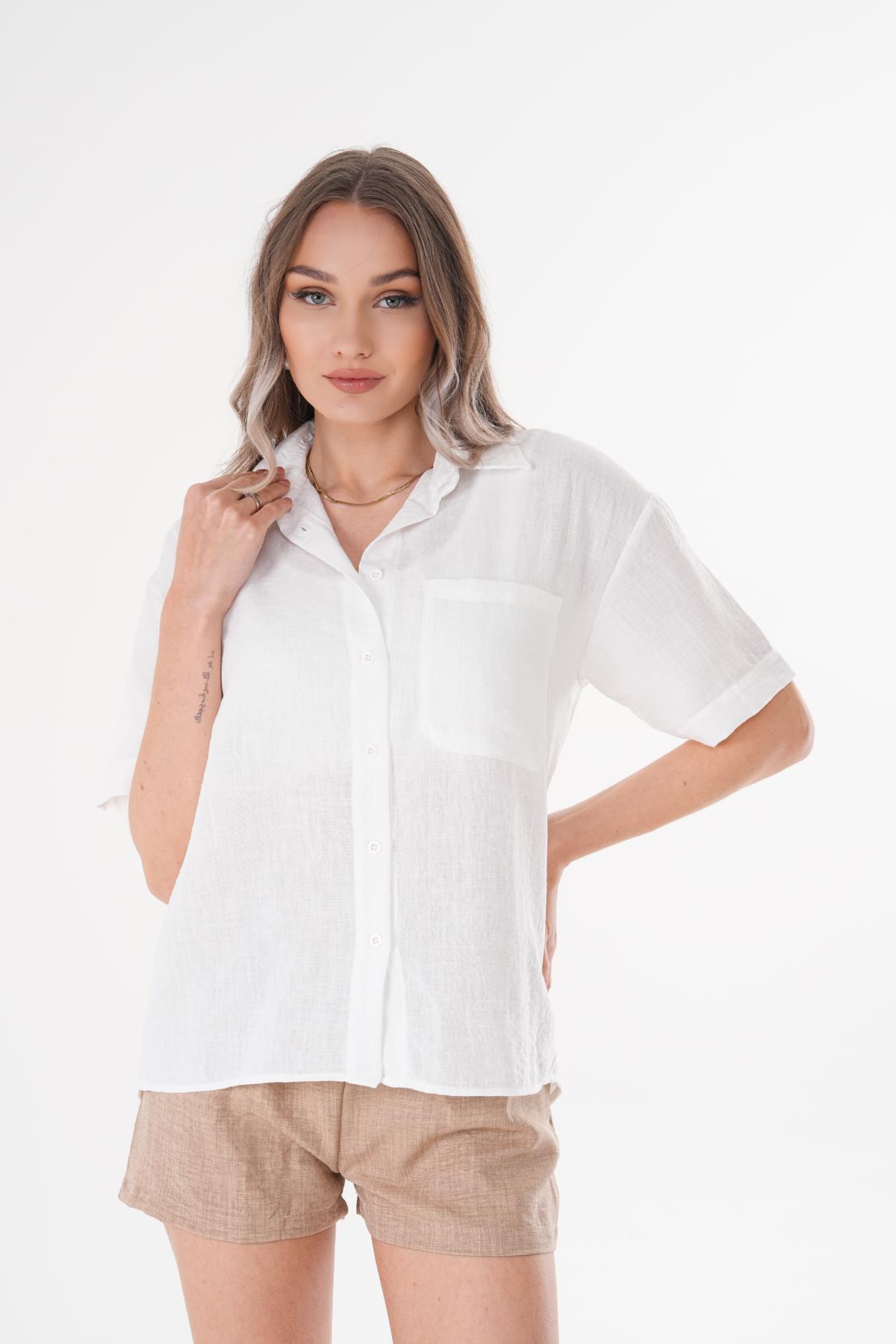 Kadın Tek Cepli Oversize Keten Gömlek 250136 -