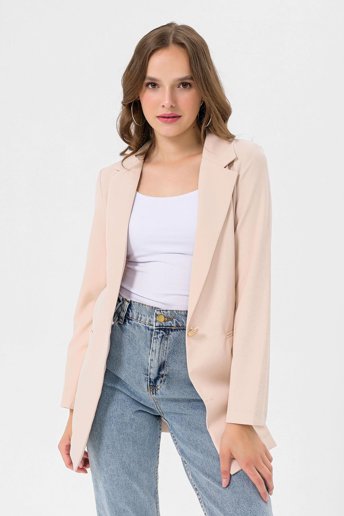 Kadın Tek Düğme Çift Cepli Blazer Ceket