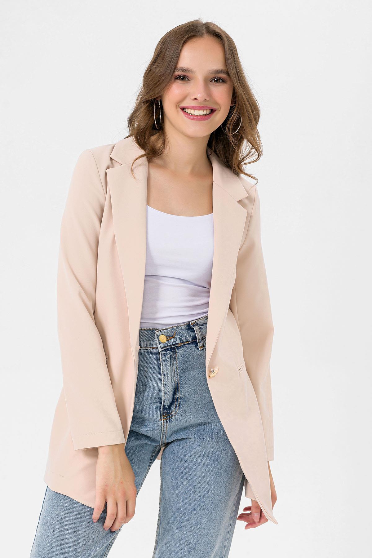 Kadın Tek Düğme Çift Cepli Blazer Ceket
