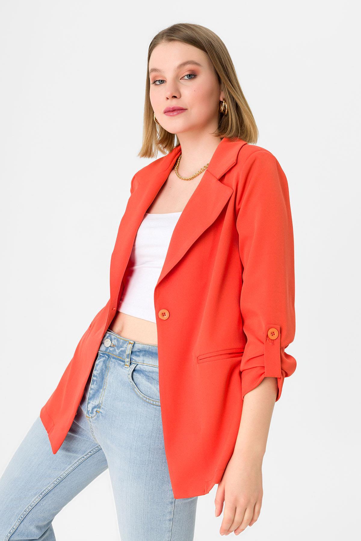 Kadın Tek Düğme Çift Cepli Blazer Ceket