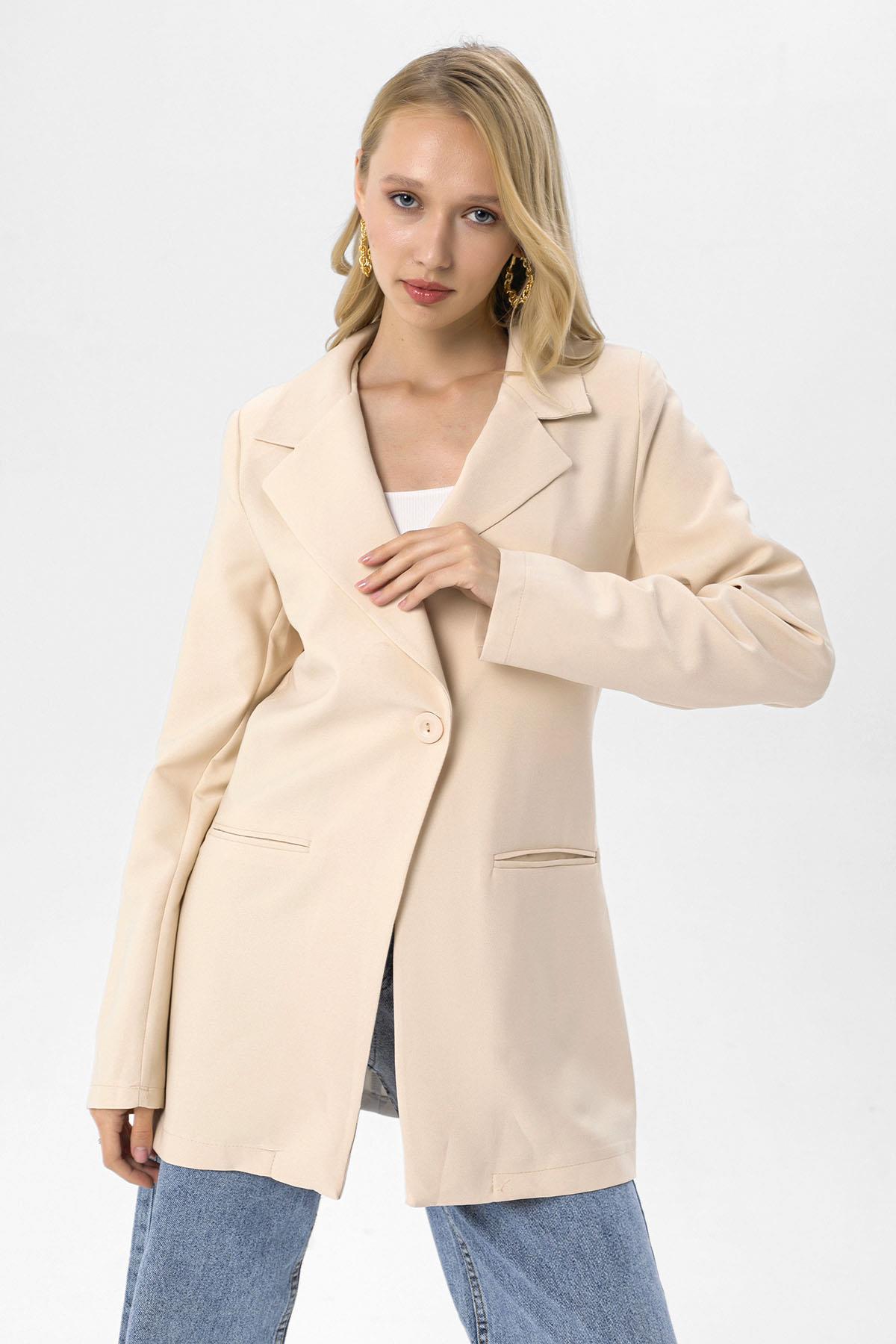 Kadın Tek Düğme Çift Cepli Blazer Ceket