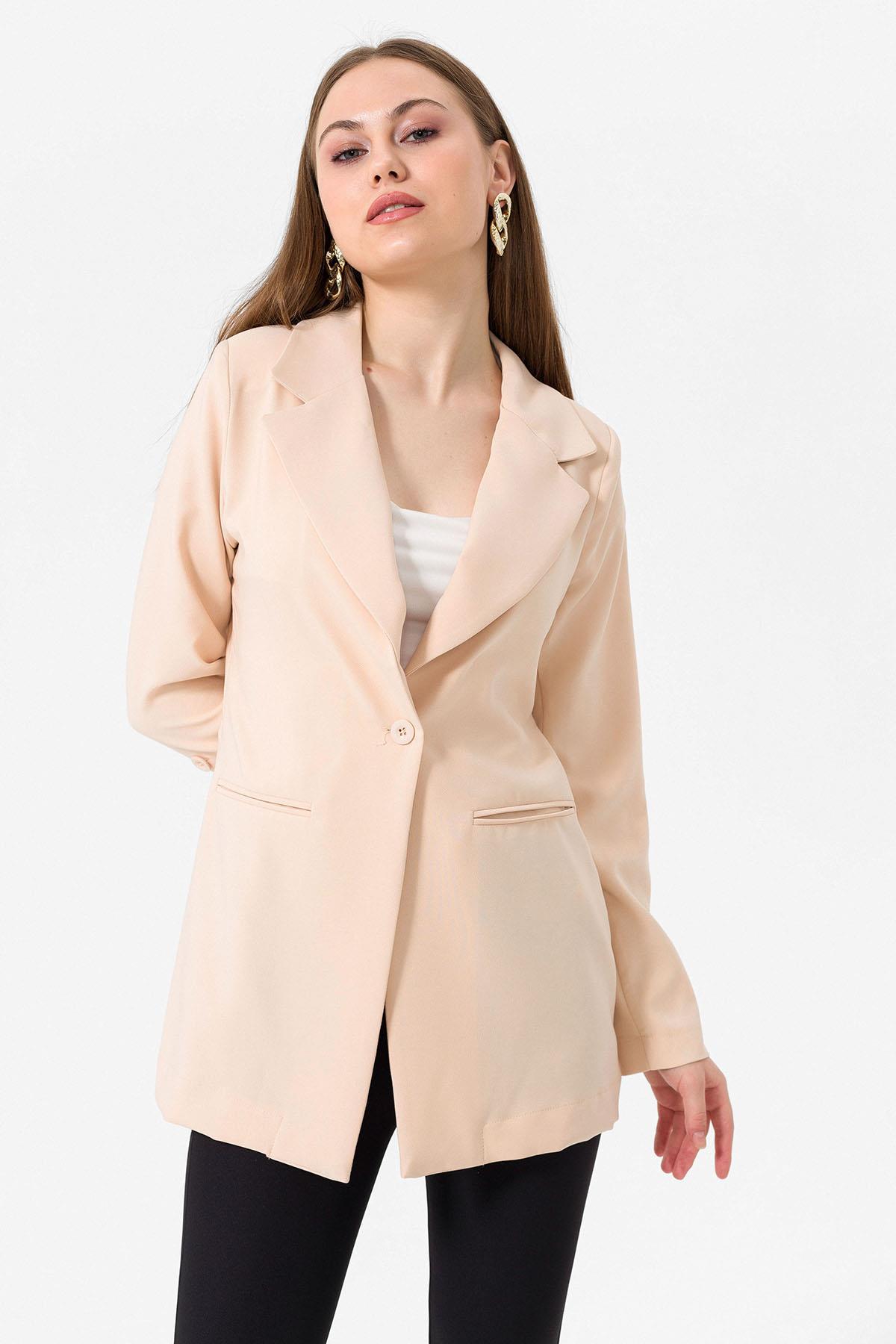 Kadın Tek Düğme Çift Cepli Blazer Ceket