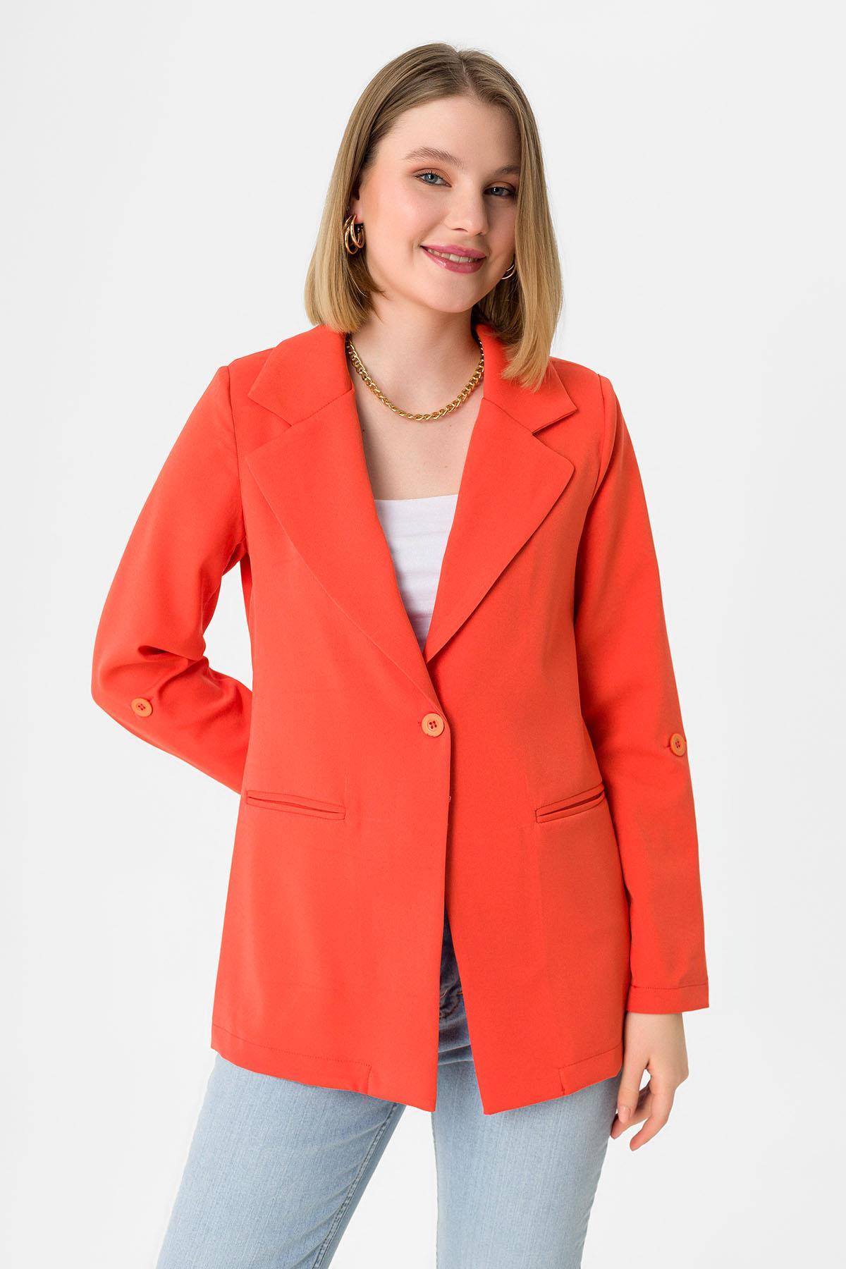 Kadın Tek Düğme Çift Cepli Blazer Ceket